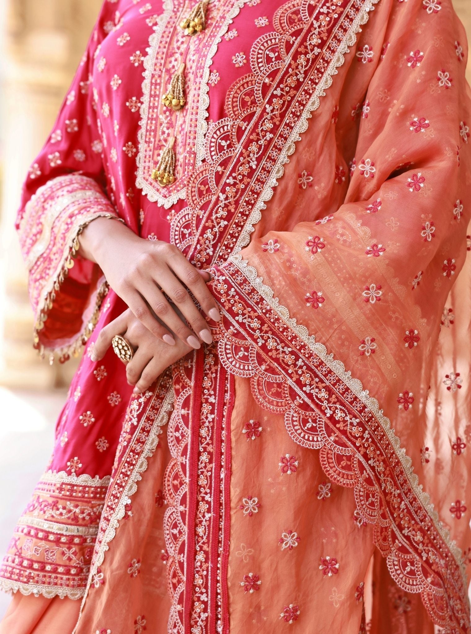 Survani Bemberg Satin Fuschia Kurta With Orange Salwar