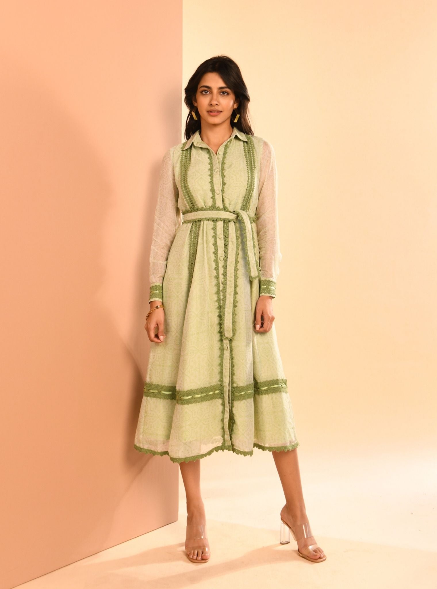 Liz Organza Printed Green Long Dress