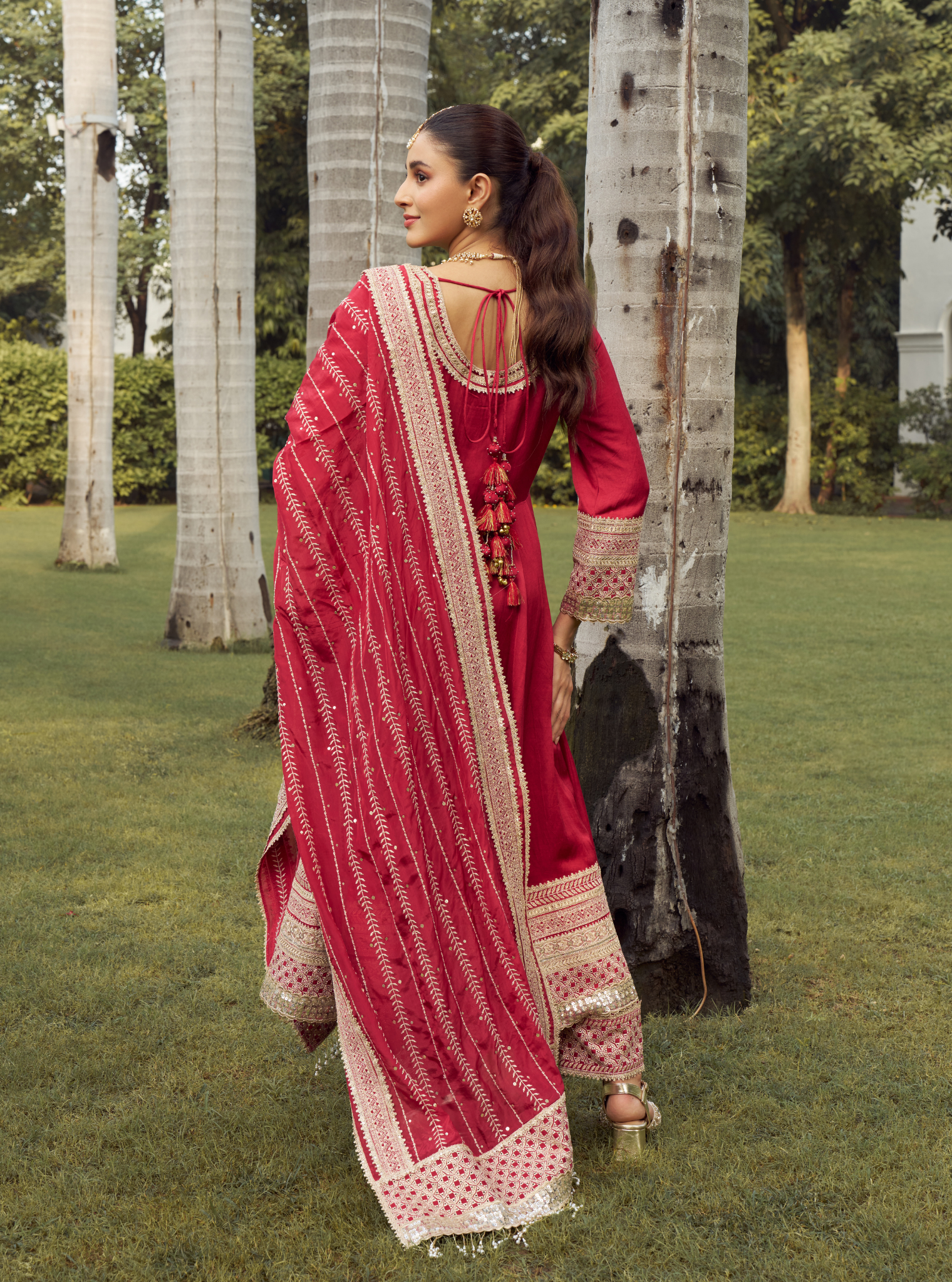 Mausami Red Linen Satin Anarkali Kurta Set