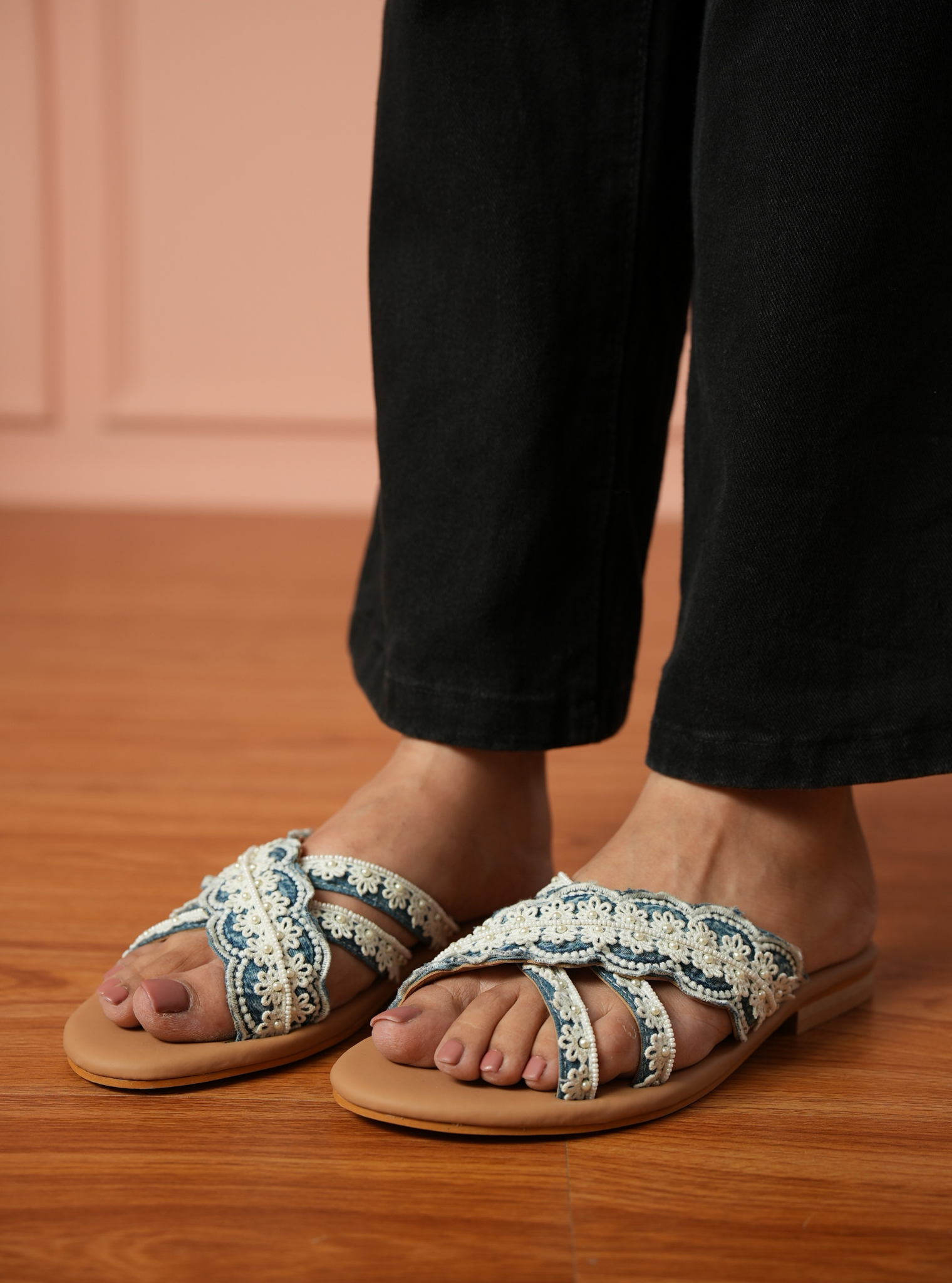 Bella Denim Cross Strap Flat