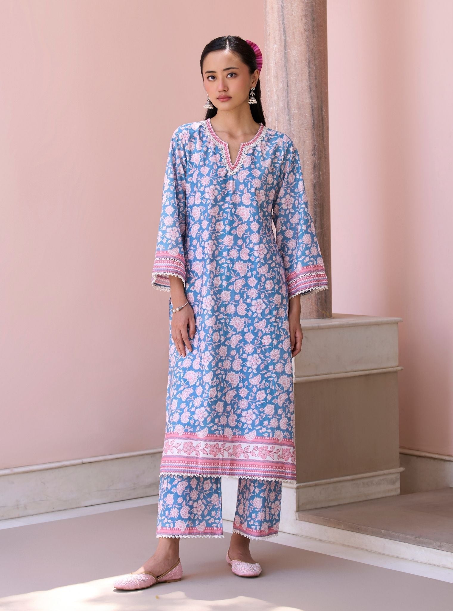 Rosabelle Steel Blue Mulmul Cotton Kurta Set
