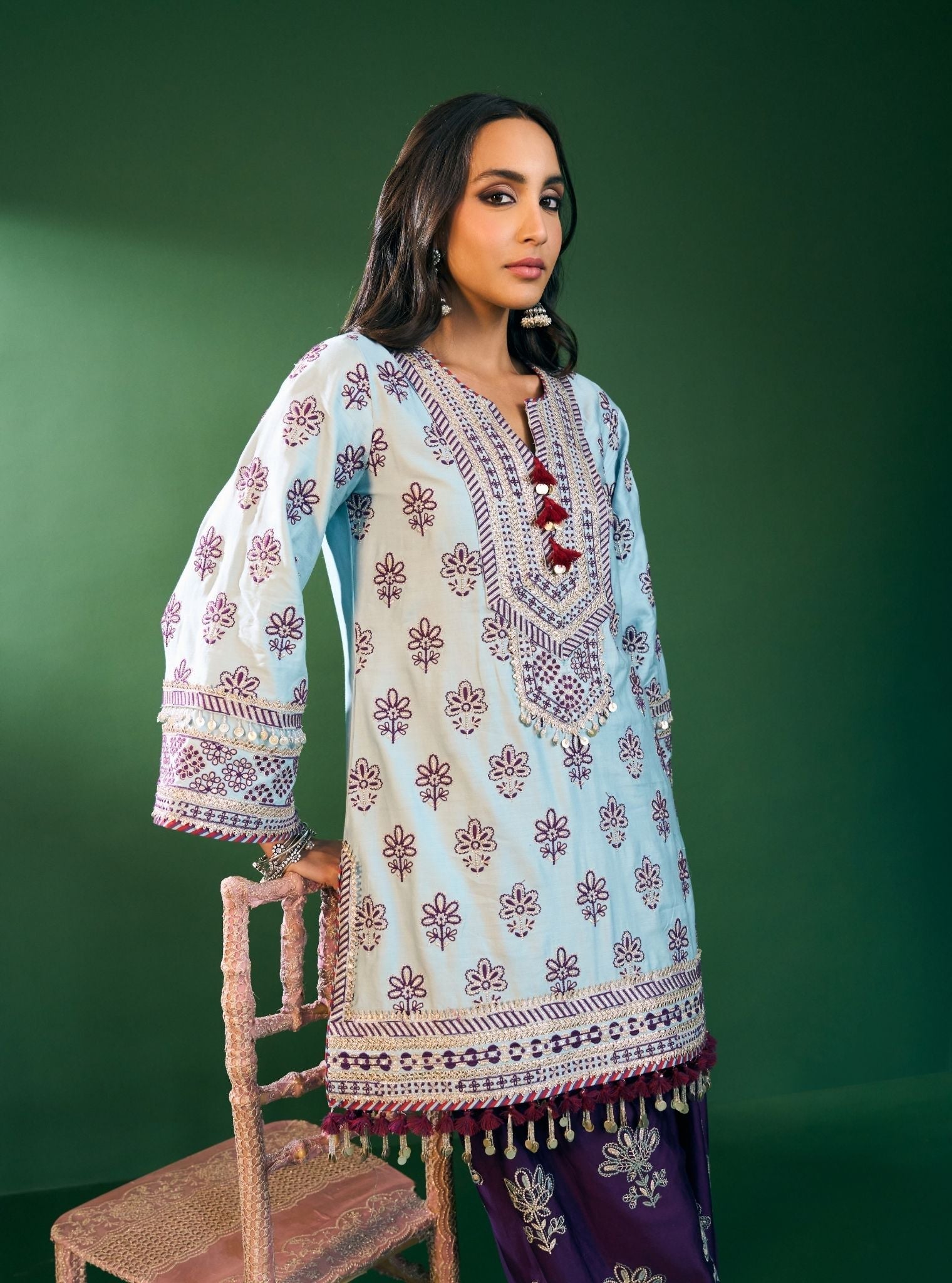 Lani Pima Satin Sky Blue Kurta With Farshi Salwar