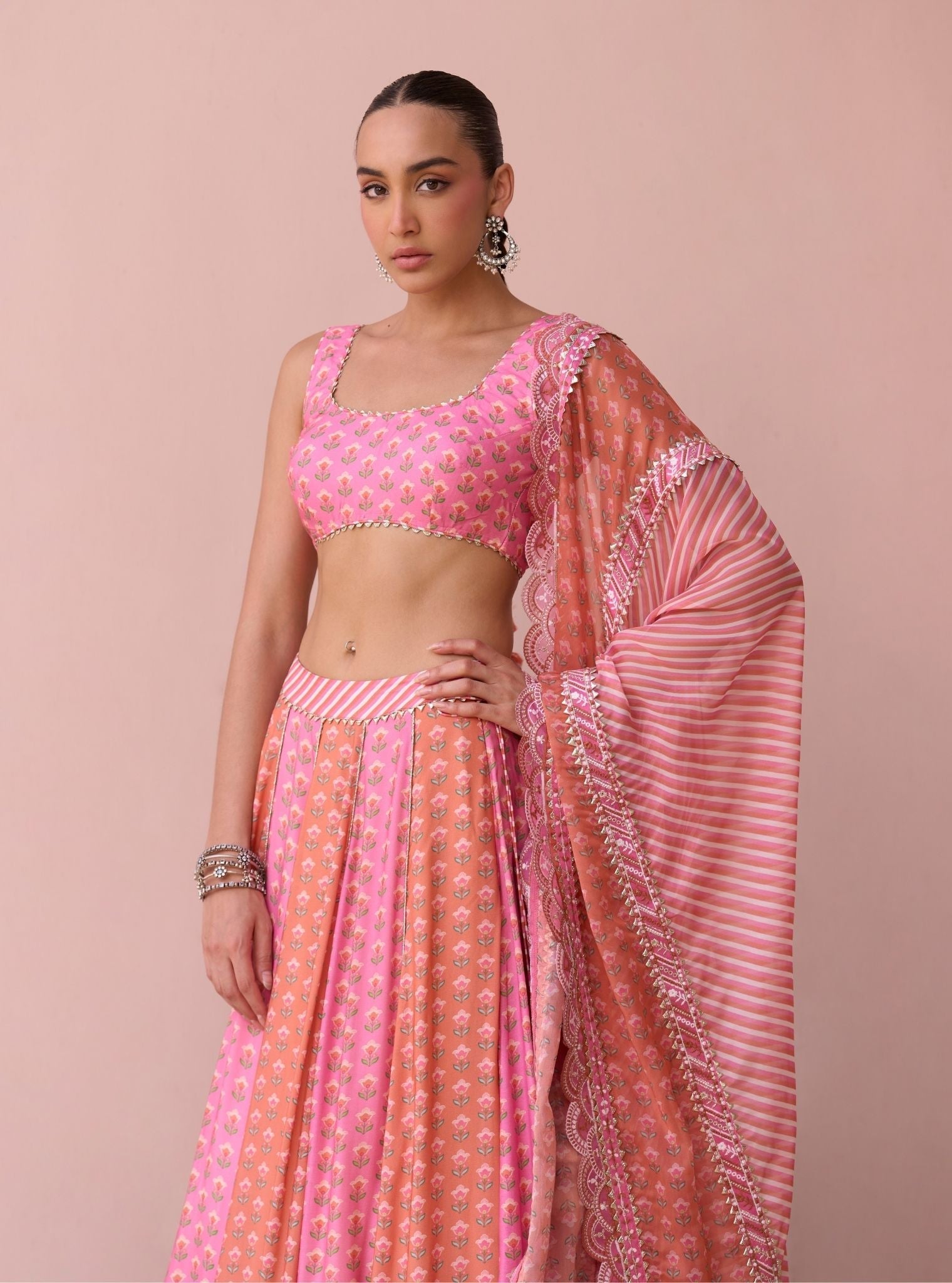 Indira Rani Pink Printed Lawn Lehenga Set
