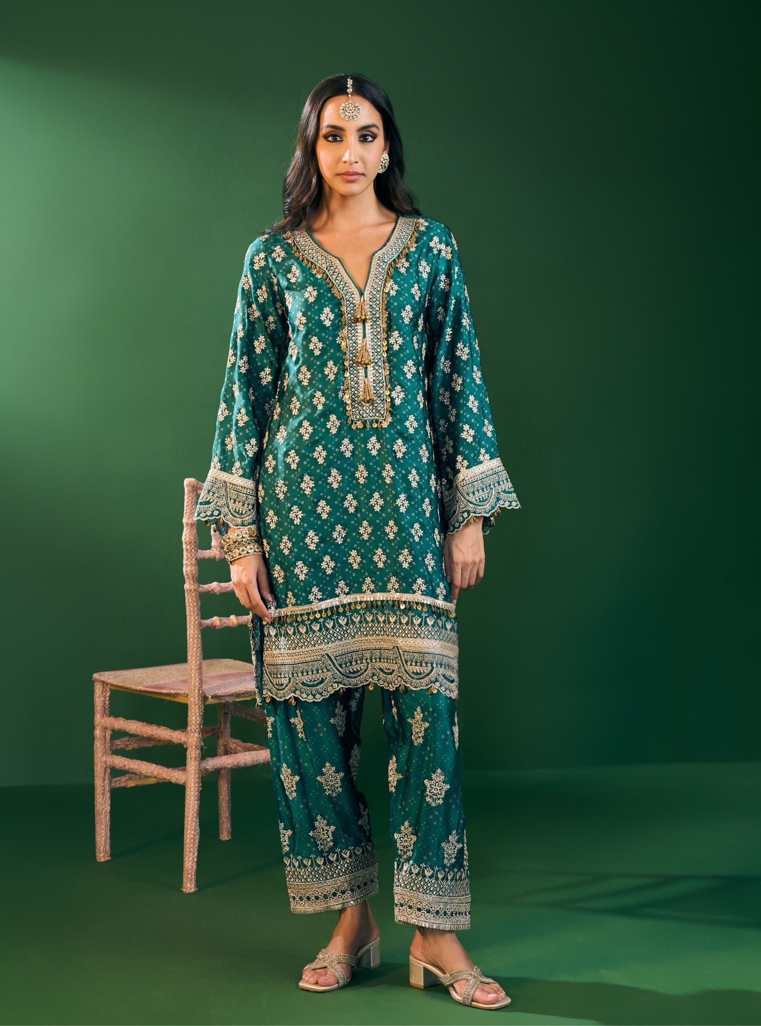 Elira Cupro Satin Emerald Green Kurta With Farshi Salwar