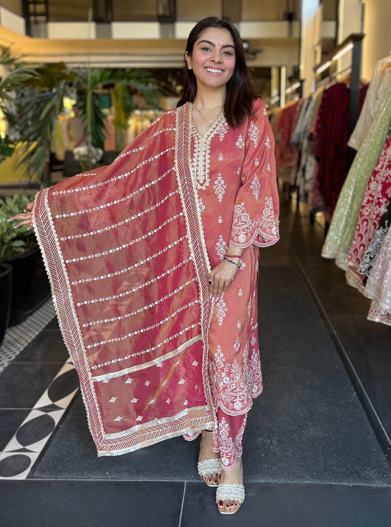 Emon Tissue Linen Satin Red Kurta Set