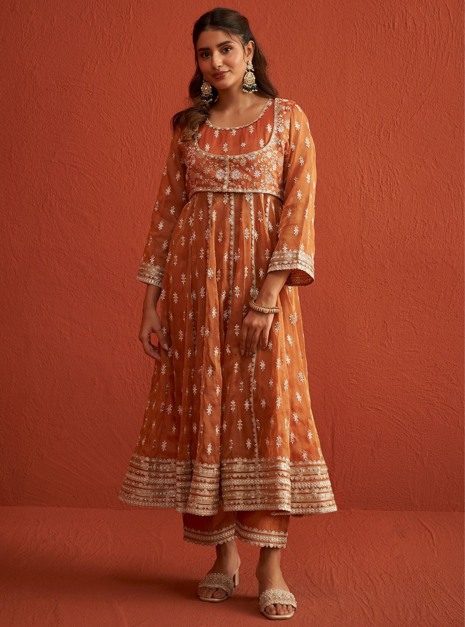Genda Royal Tissue Burnt Orange Anarkali Kurta Set