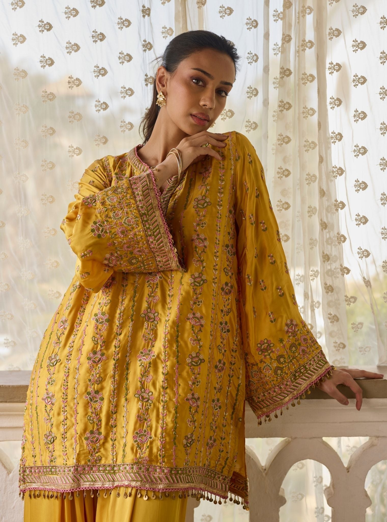 Pralika Bemberg Satin Mustard Kurta With Farshi Salwar