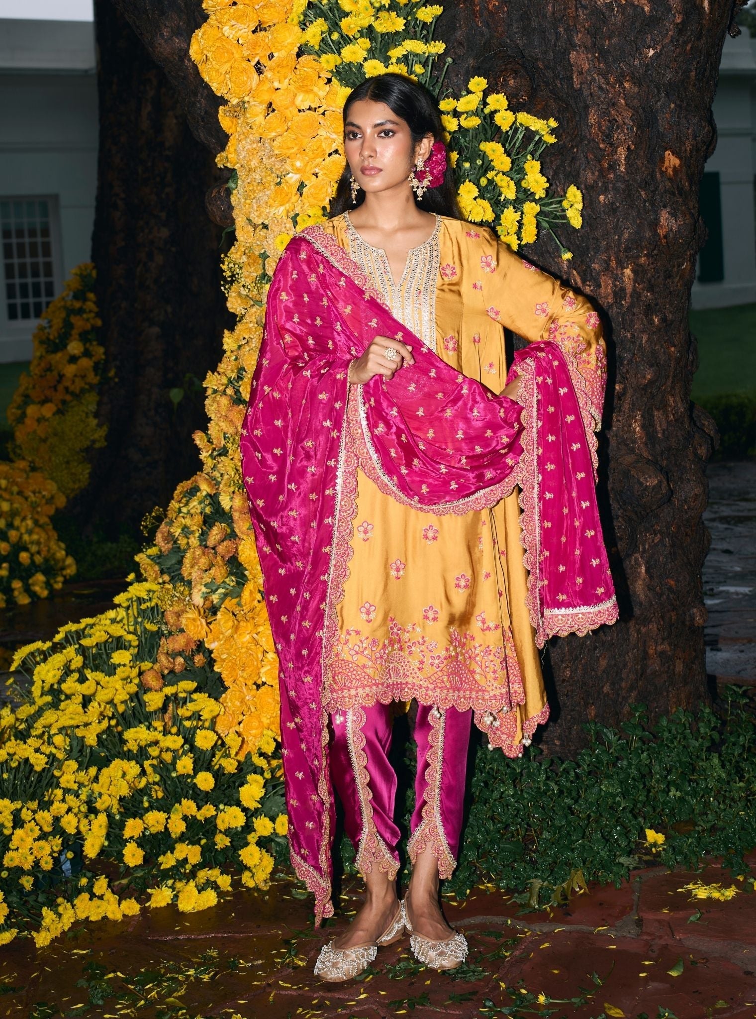 Angana Cupro Satin Mustard Kurta Set