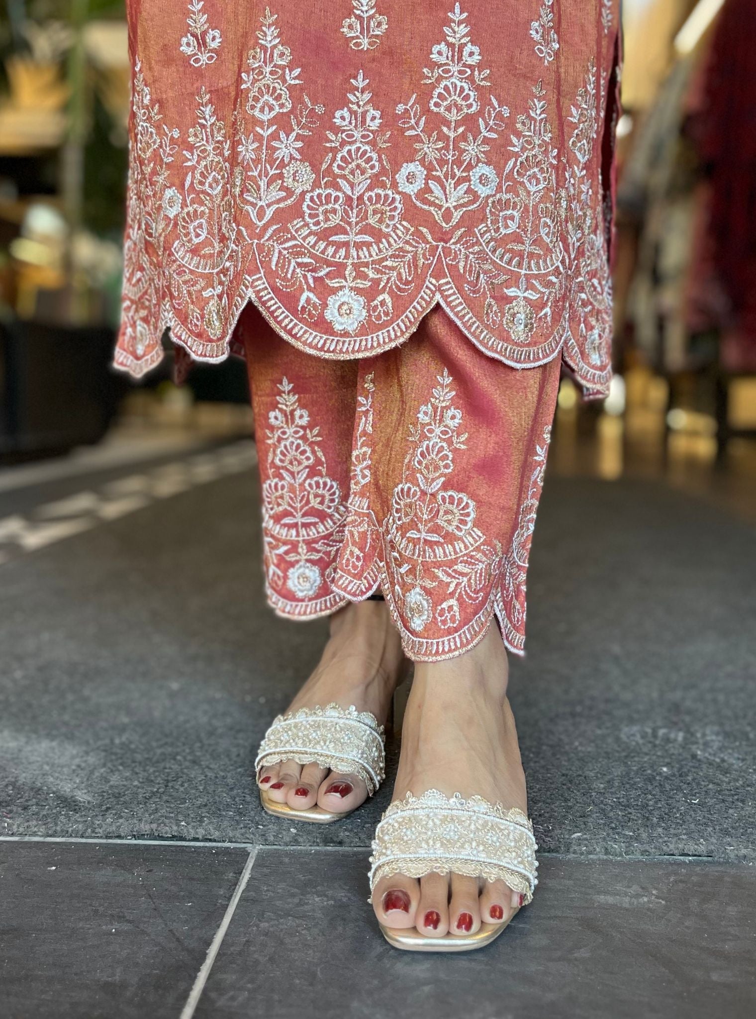 Emon Tissue Linen Satin Red Kurta Set