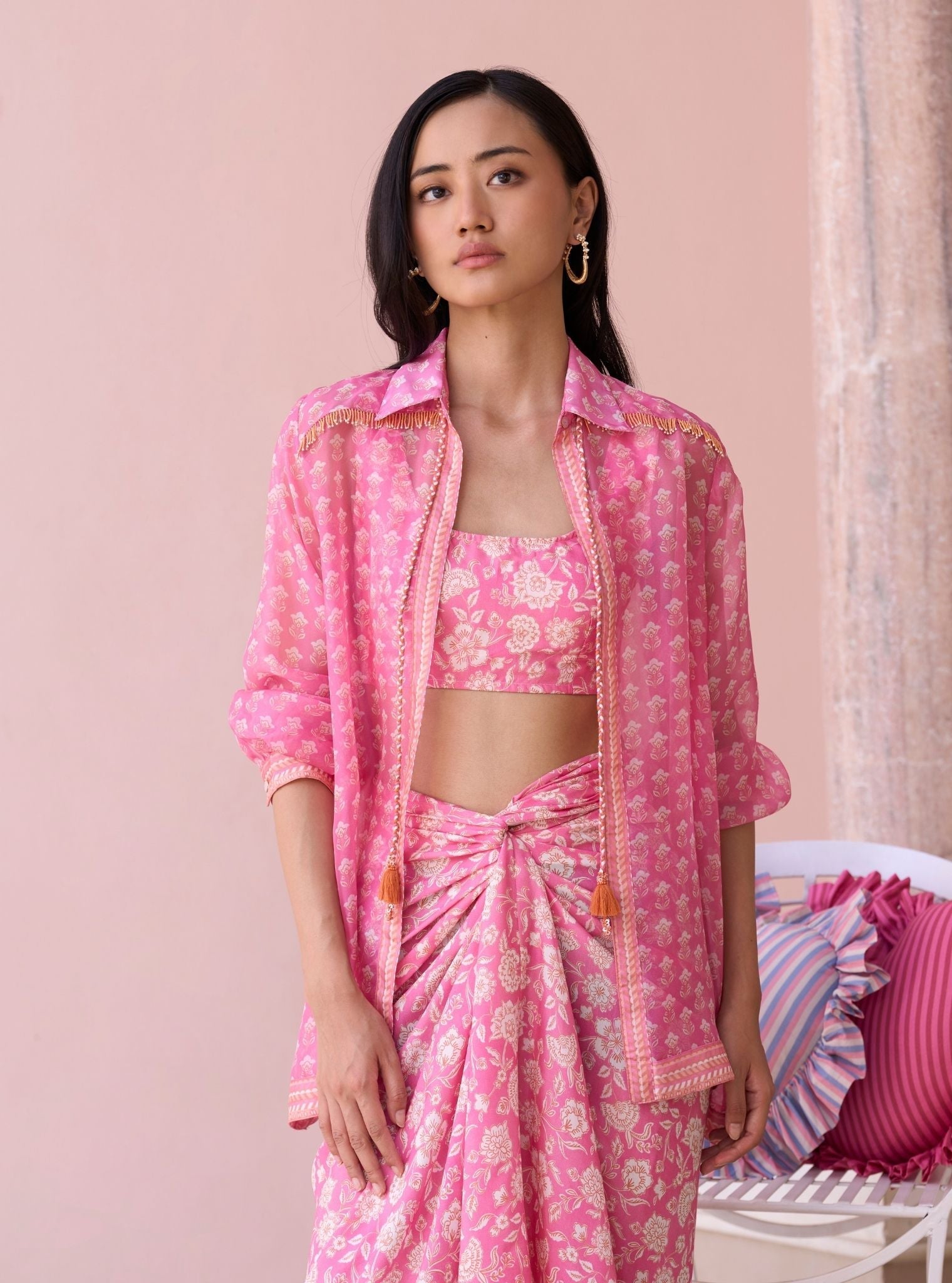 Nazeera Rani Pink Printed Organza Shirt & Lawn Skirt Set
