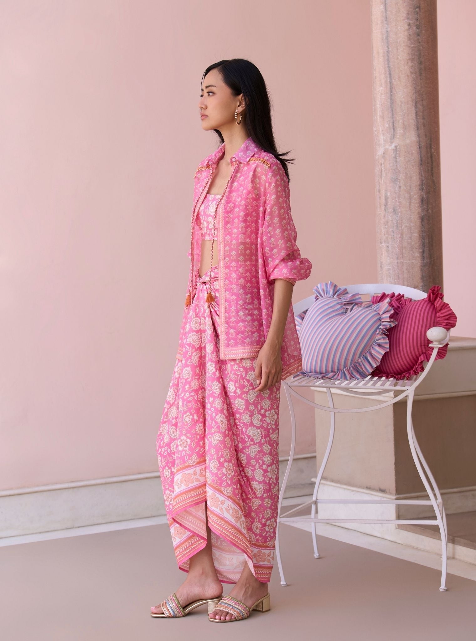 Nazeera Rani Pink Printed Organza Shirt & Lawn Skirt Set