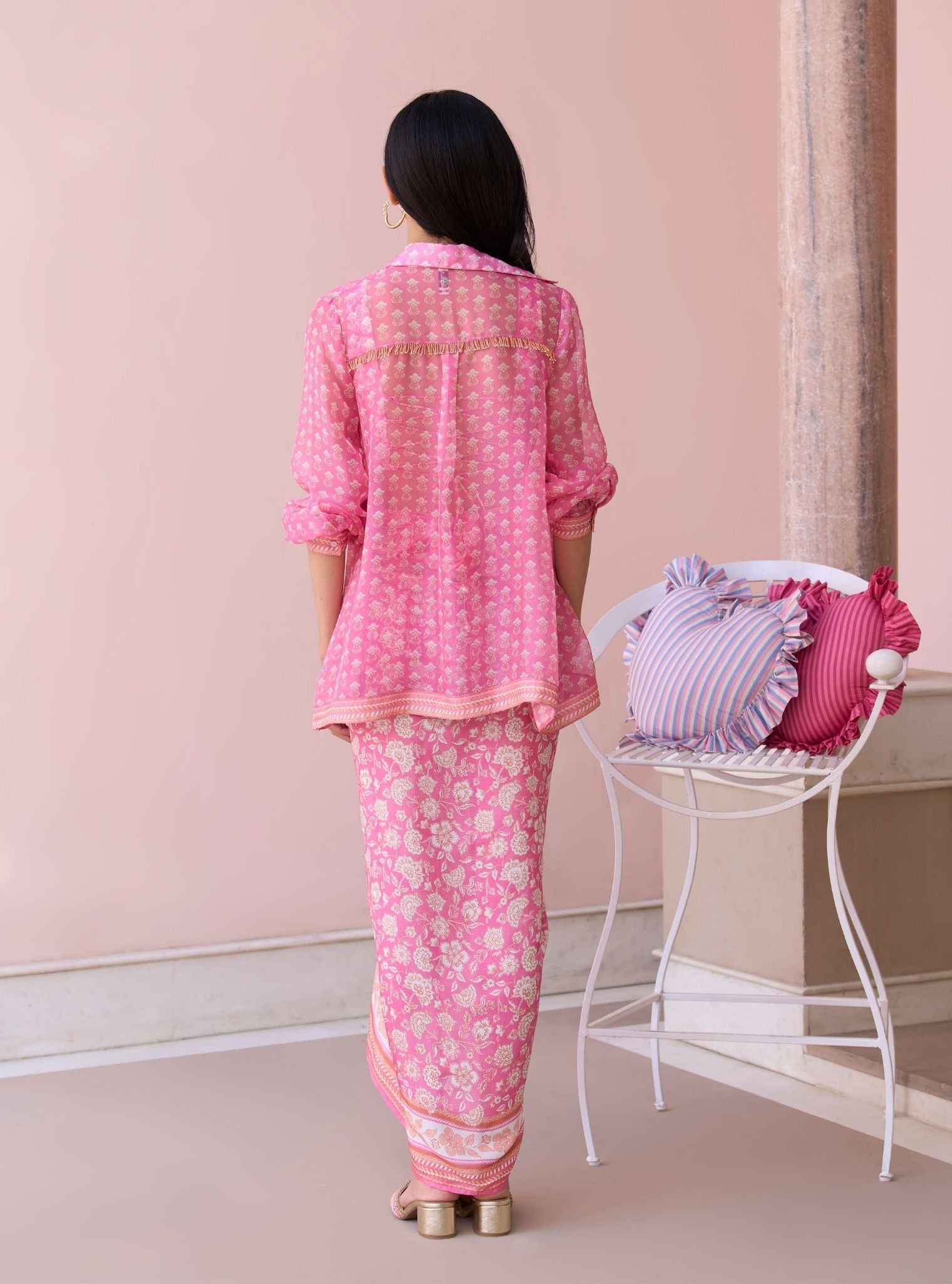 Nazeera Rani Pink Printed Organza Shirt & Lawn Skirt Set