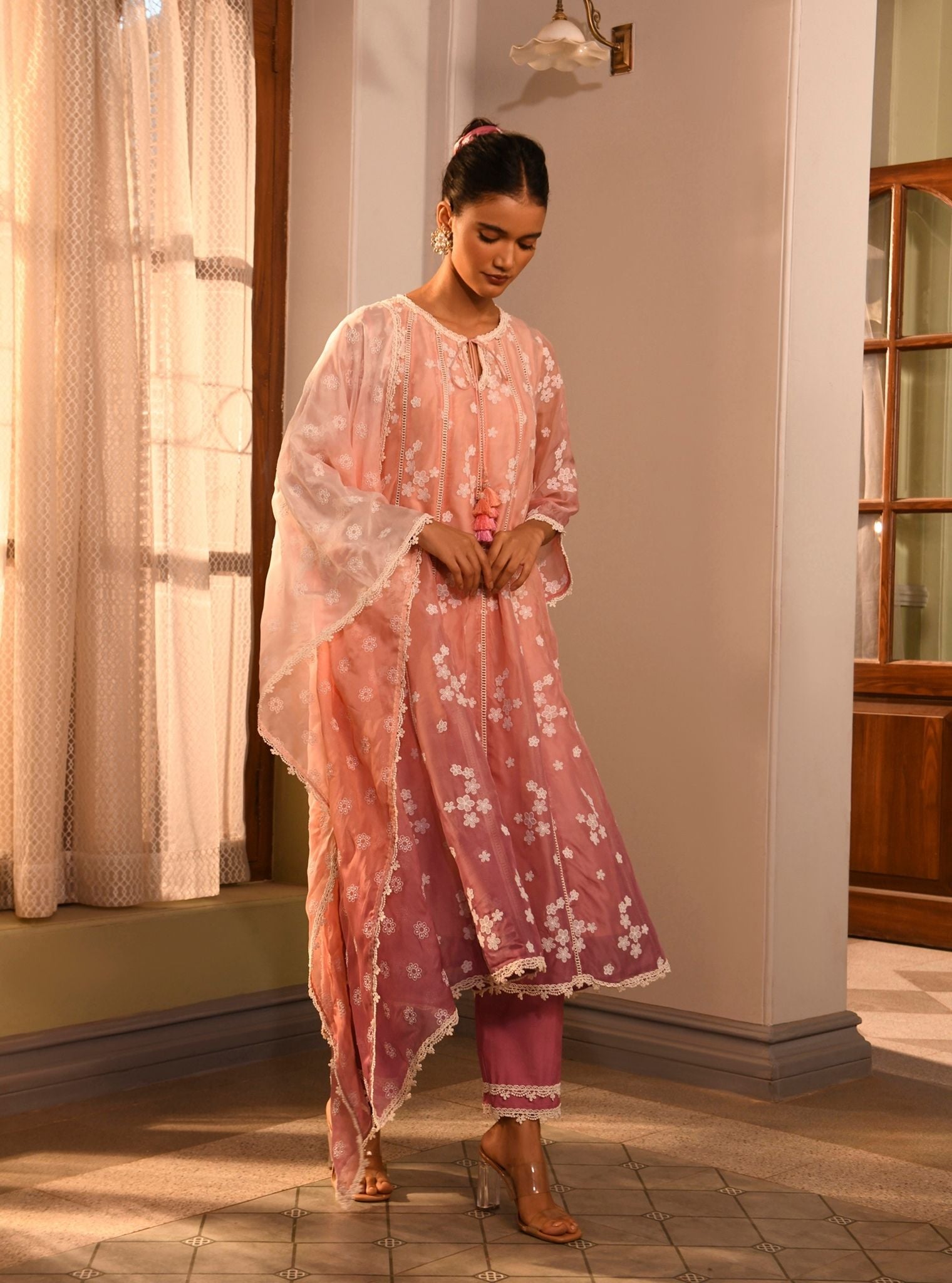 Mulmul Organza Aira Pink Anarkali Kurta With Mulmul Cotton Aira Pink Pant