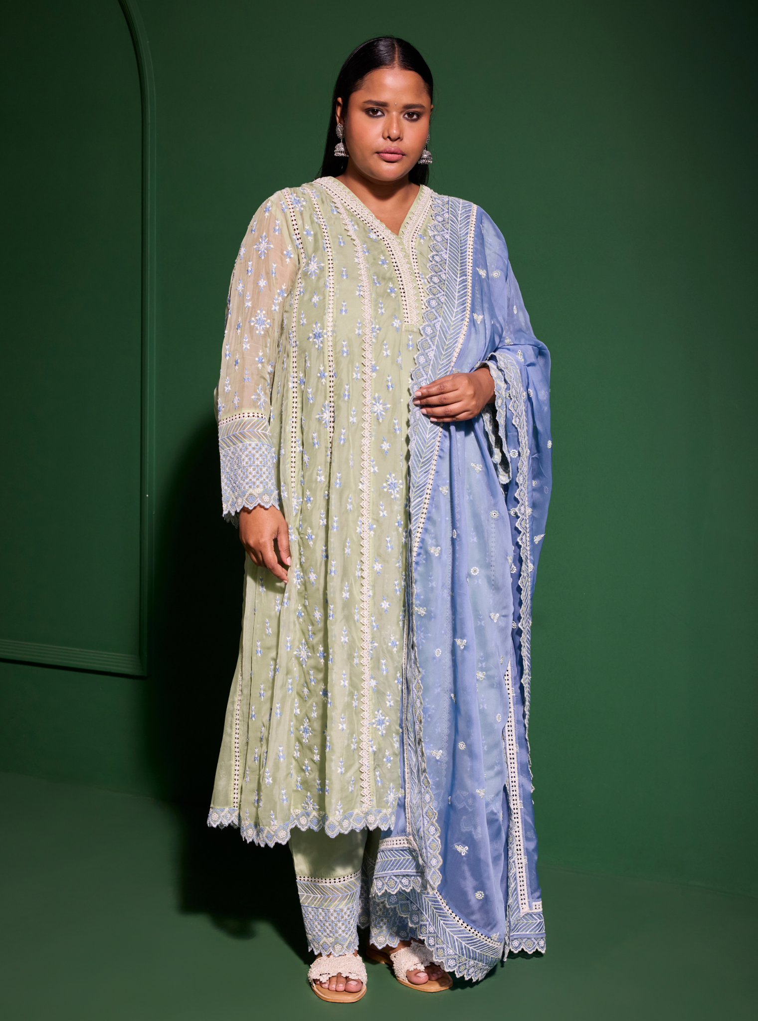 Mulmul Organza Smitha Green Anarkali Kurta With Mulmul Cotton Smitha Green Pant