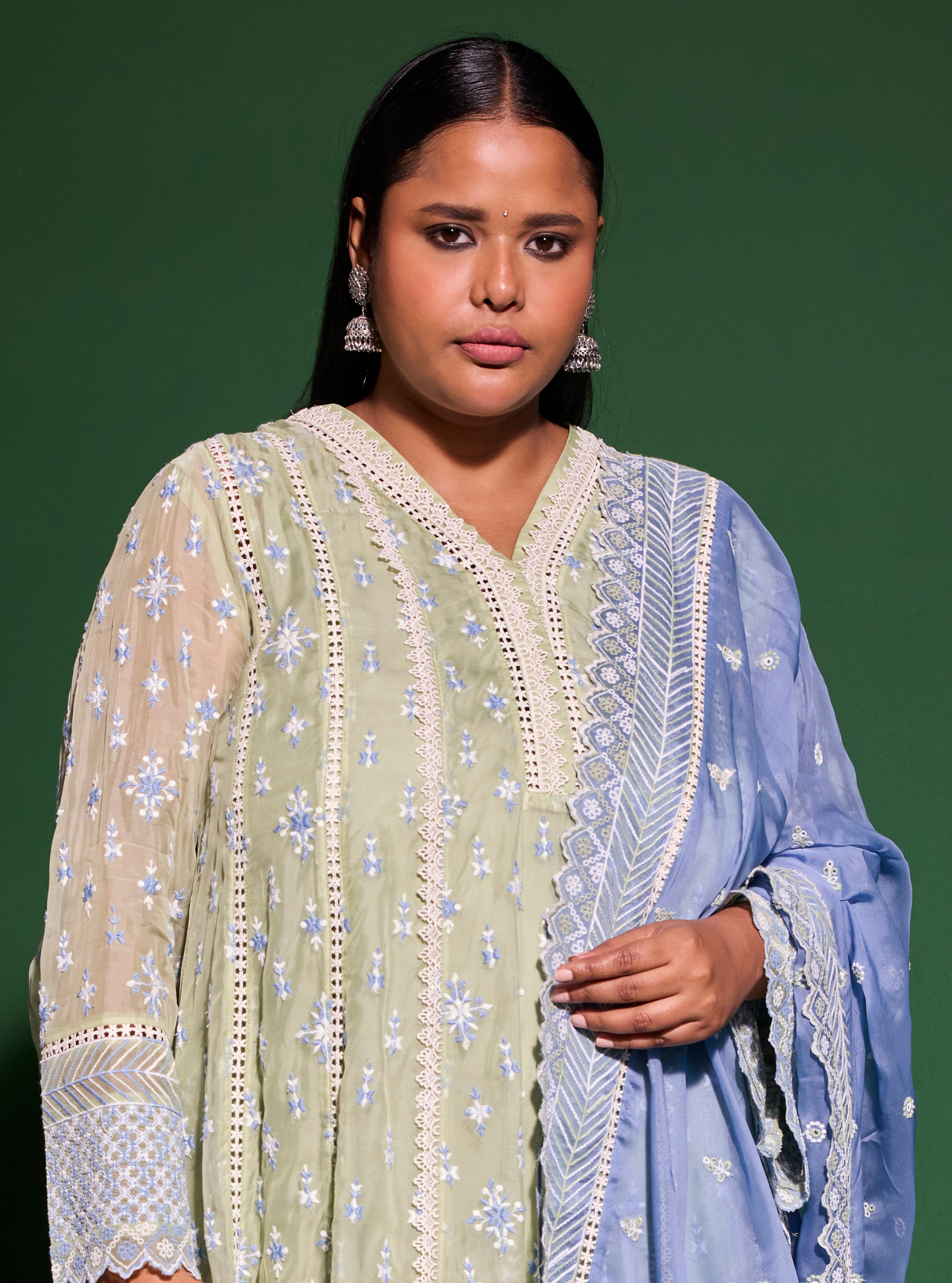 Mulmul Organza Smitha Green Anarkali Kurta With Mulmul Cotton Smitha Green Pant