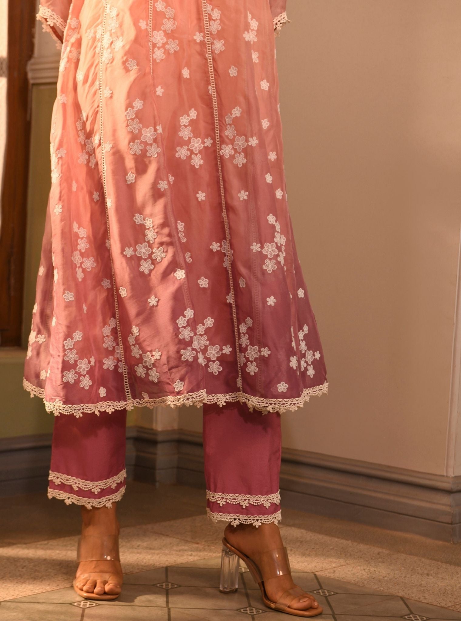 Mulmul Organza Aira Pink Anarkali Kurta With Mulmul Cotton Aira Pink Pant