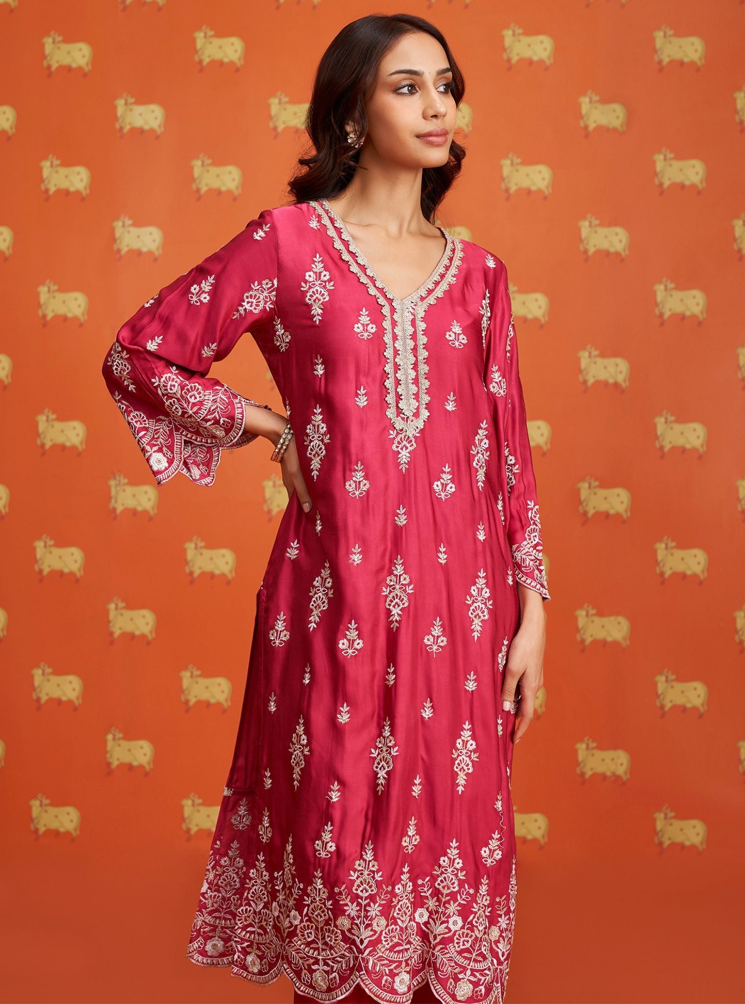 Emon Cupro Satin Fuschia Kurta Set