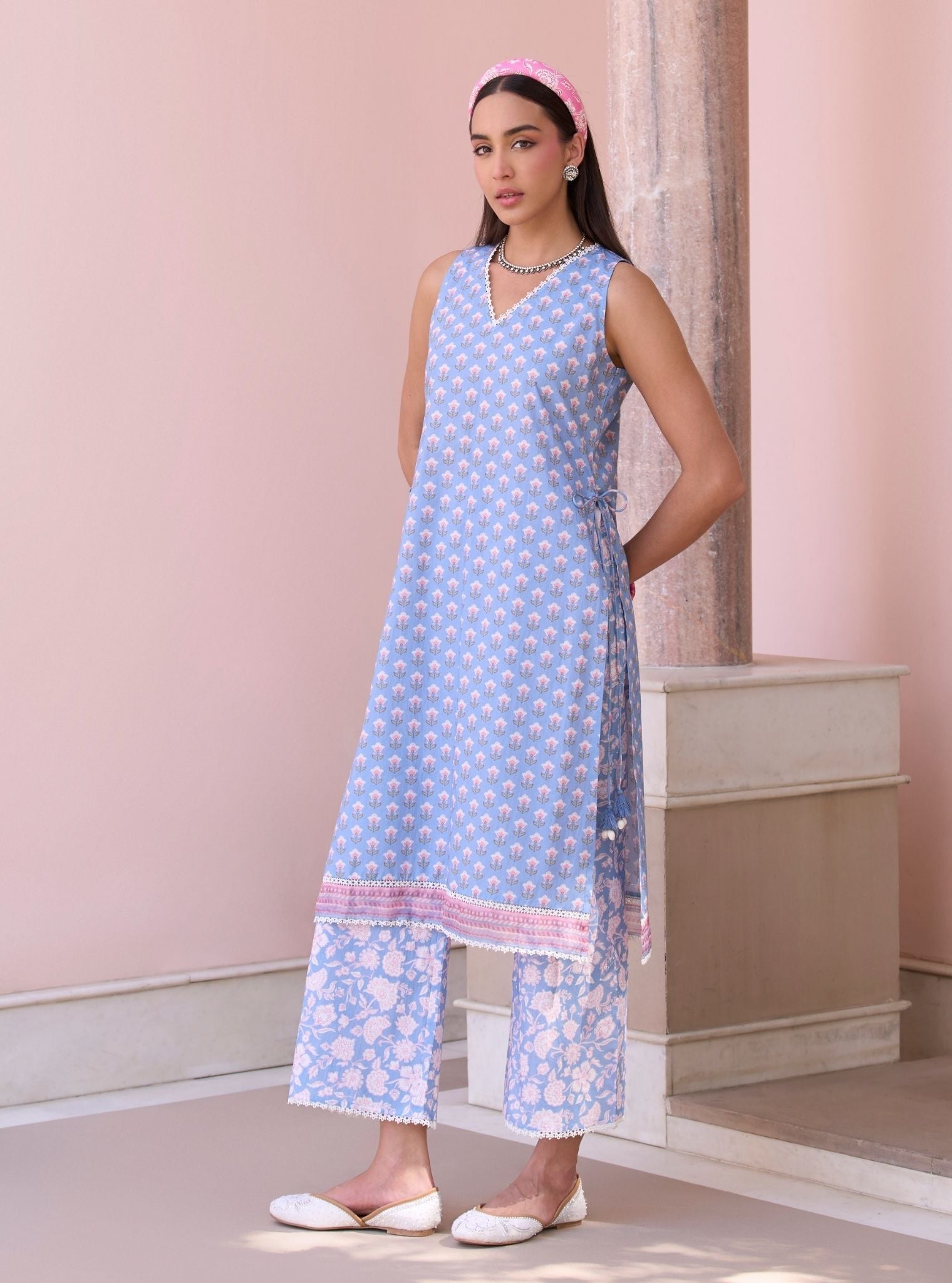 Rajvella Steel Blue Mulmul Cotton Kurta & Pant Set