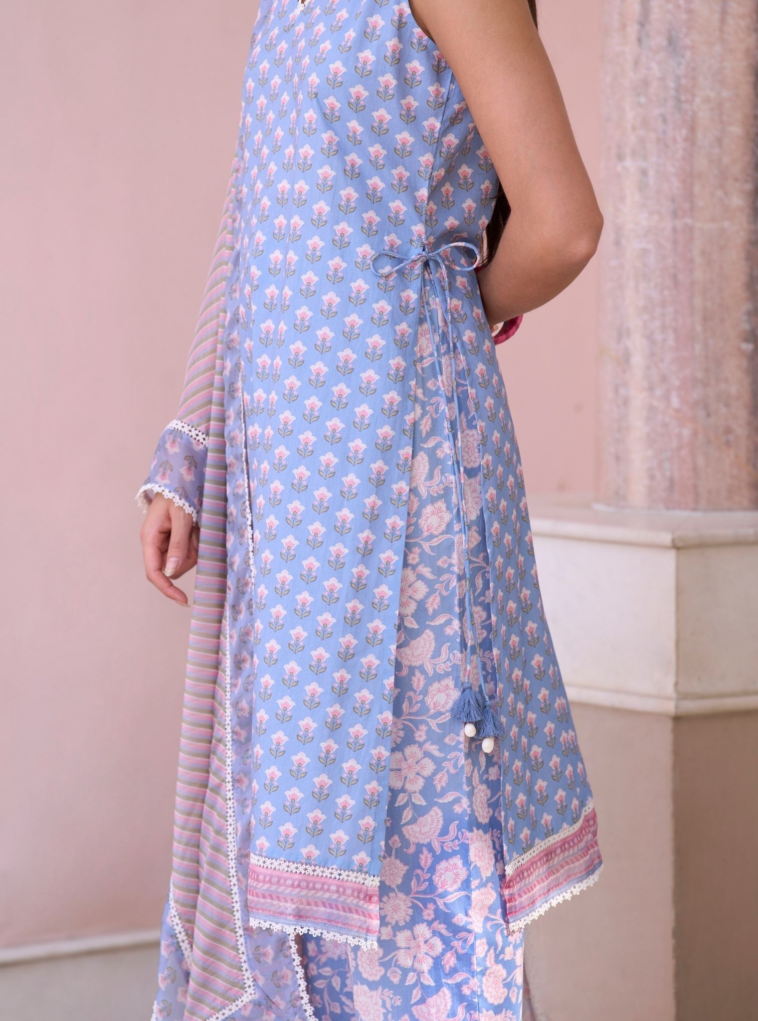 Rajvella Steel Blue Mulmul Cotton Kurta & Pant Set