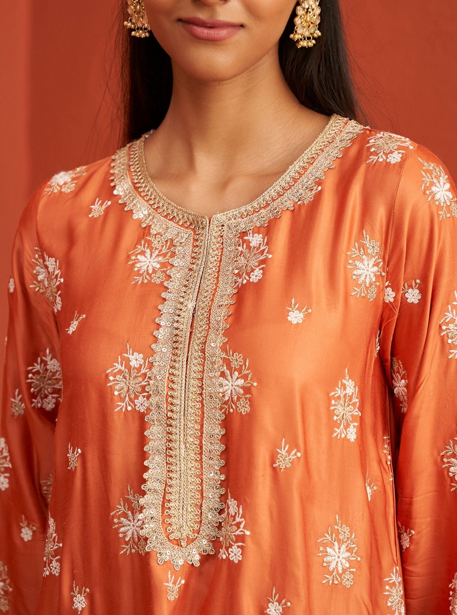 Kangna Bemberg Satin Burnt Orange Kurta Set