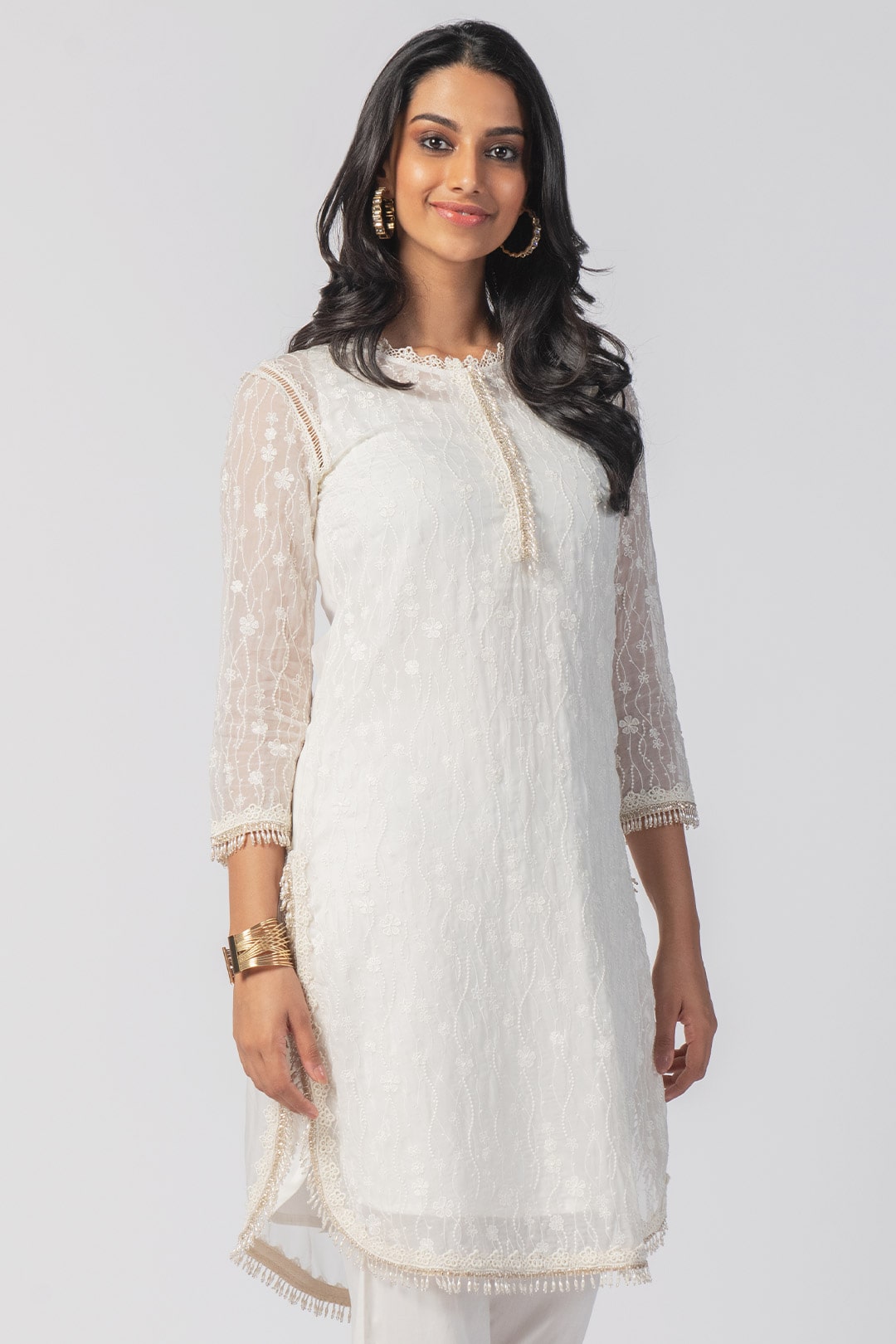 Freya Tencel Luxe Organza White Kurta With Freya Round Hem Pant