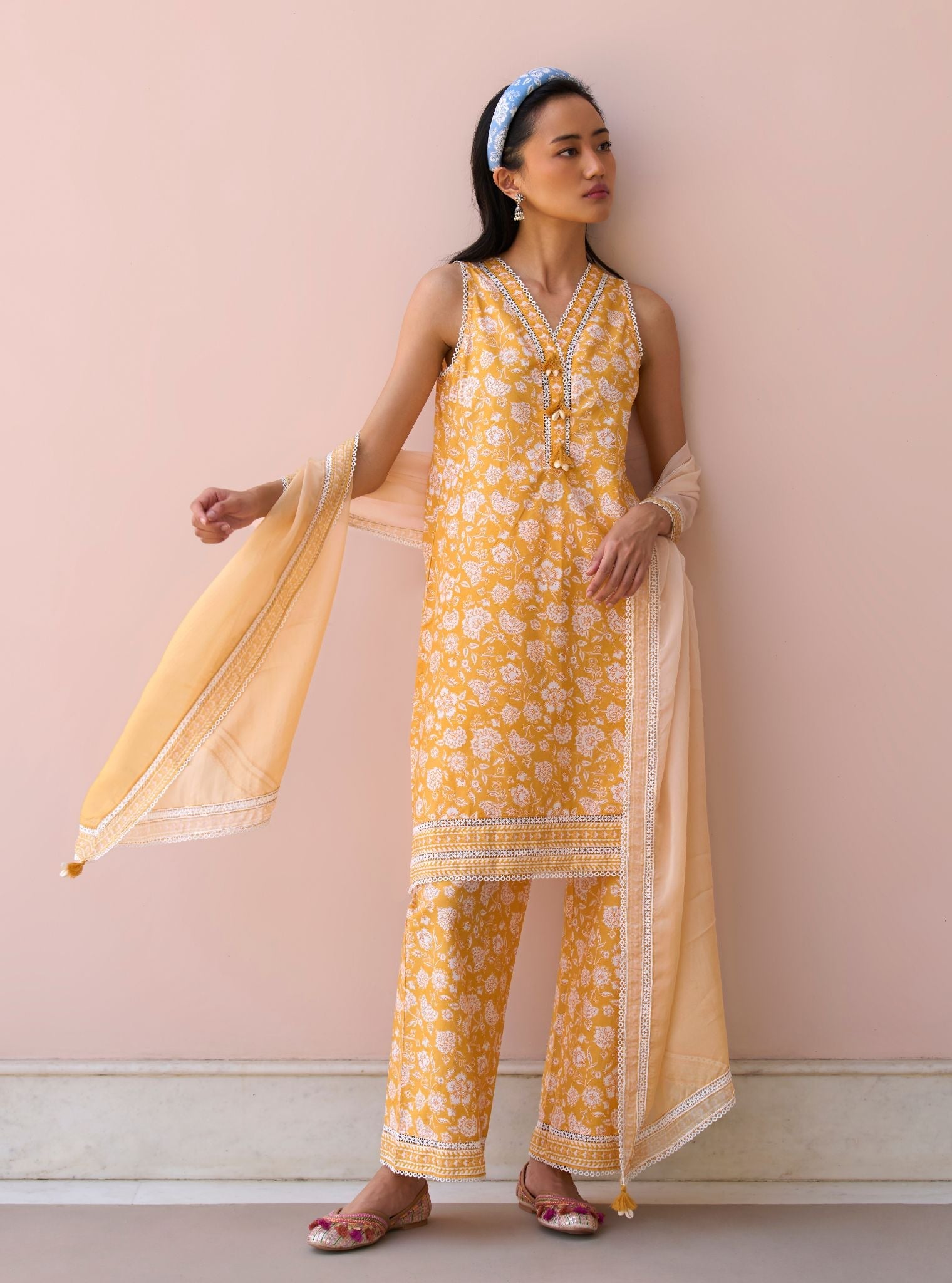 Aubriet Mustard Mulmul Cotton Kurta & Pant Set