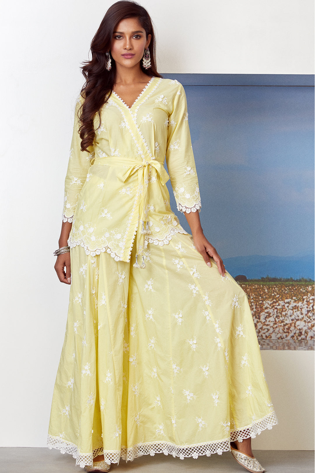 Pearl Star Supima Cotton Yellow Kurta with Sharara Set