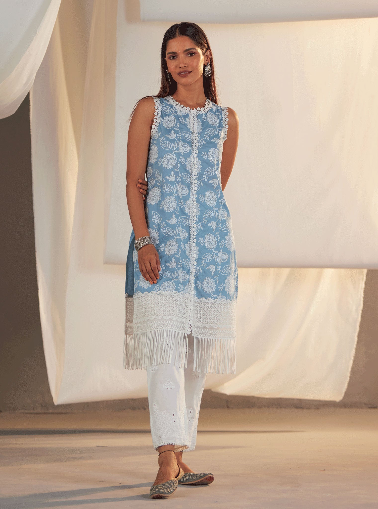 Mulmul Supima Cotton kygo Teal Kurta