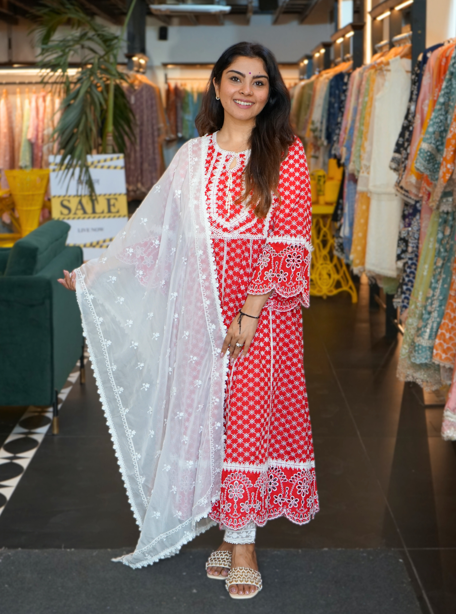 Mulmul Cotton Arris Red Anarkali Kurta With Diagonal Lace White Pant