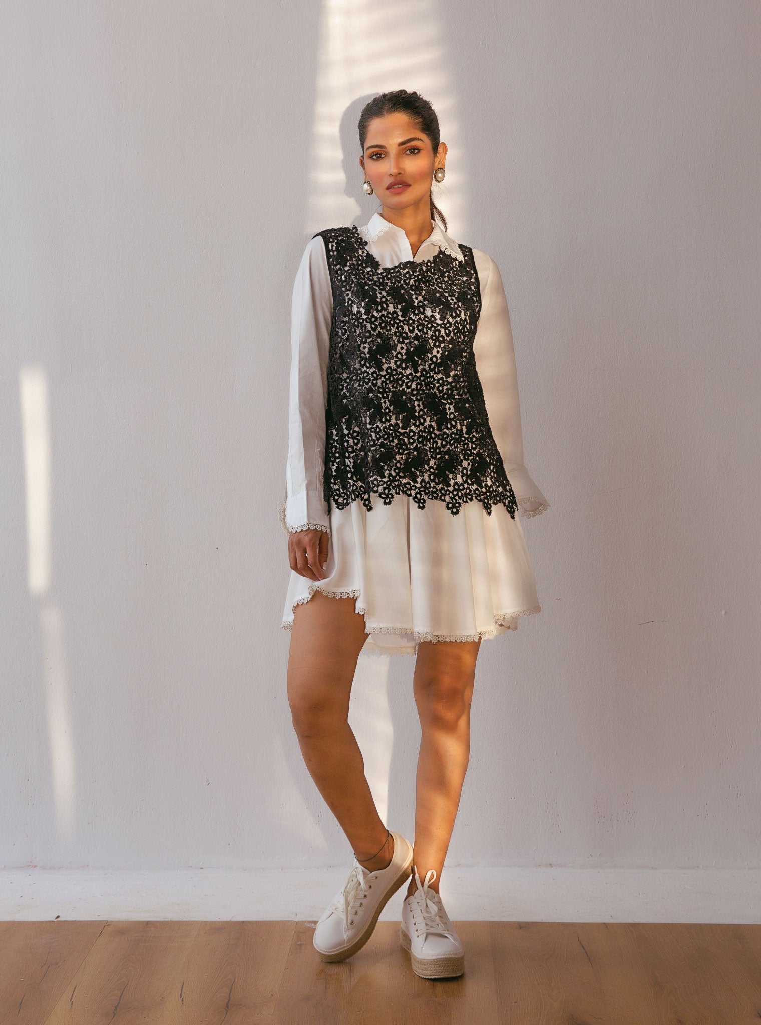 Celina Cotton White Dress With Guipure Layer