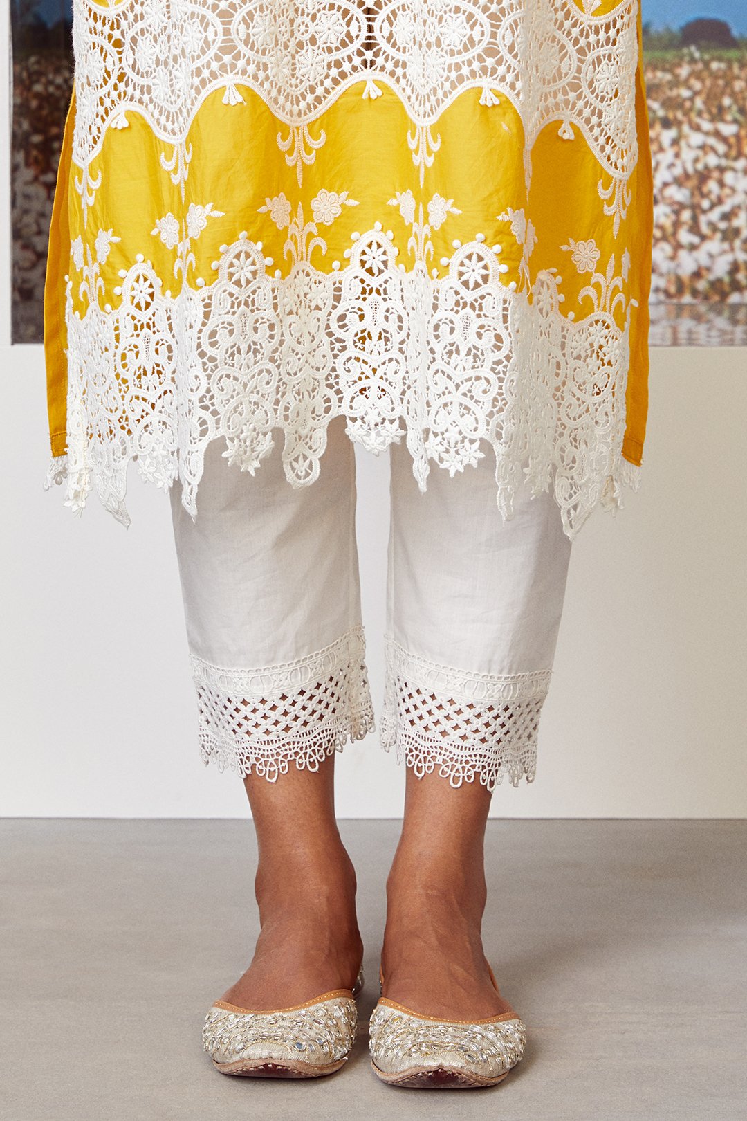 Mulmul Cotton Paradise Kurta Mango With Sage Pyajama White