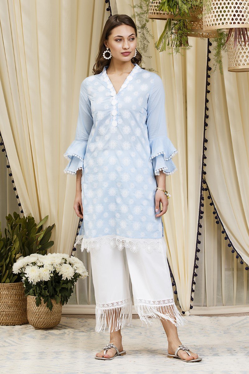 Mulmul Cotton Daffodil Blue Kurta with New Poppy White Pants