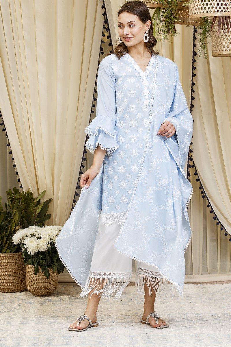 Mulmul Cotton Daffodil Blue Kurta with New Poppy White Pants