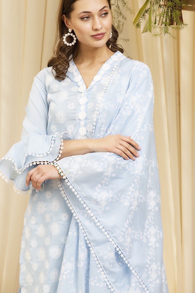 Mulmul Cotton Daffodil Blue Kurta with New Poppy White Pants