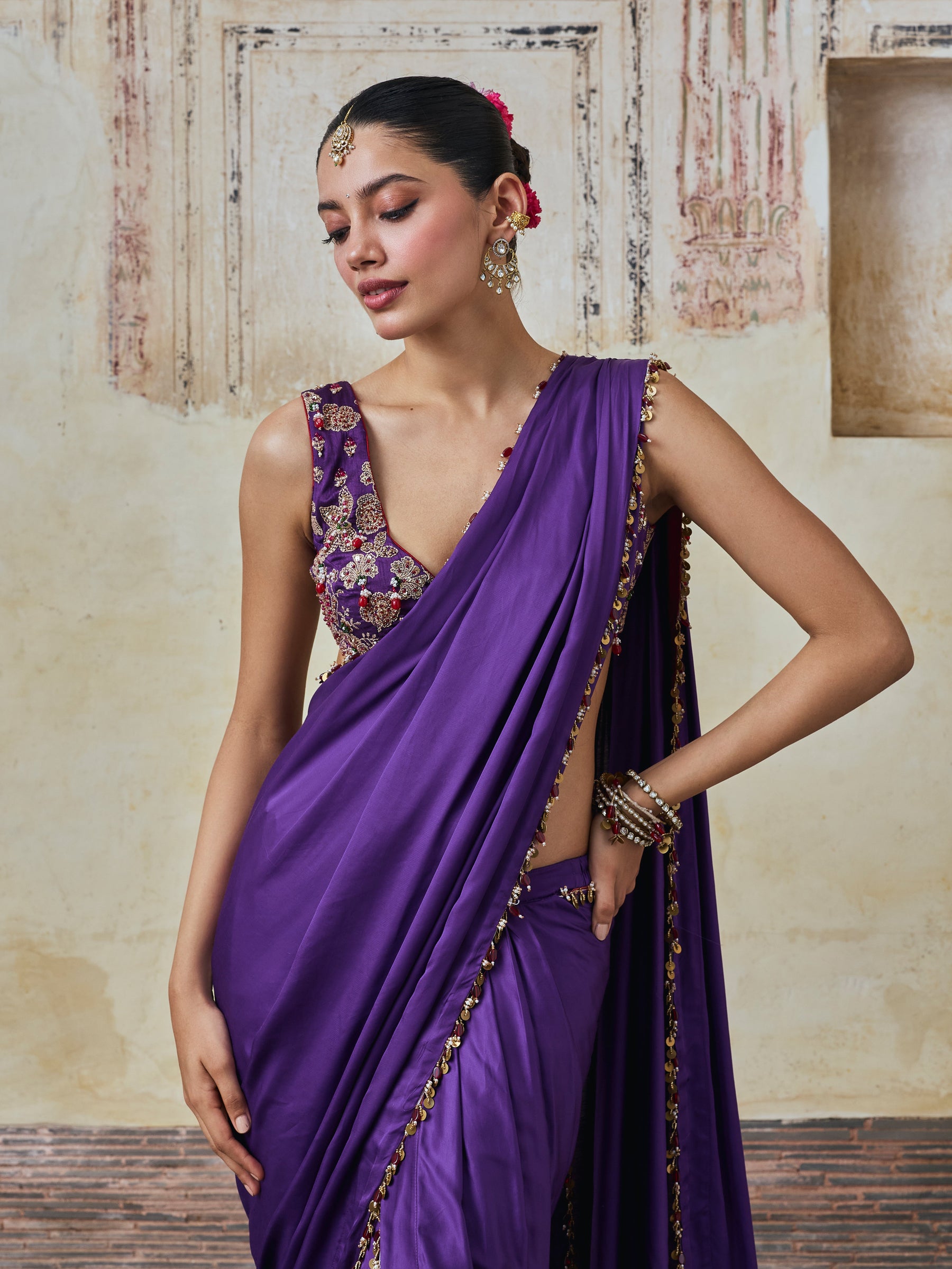 Saawari Cupro Satin Purple Pre-draped Saree with Raw Silk Blouse