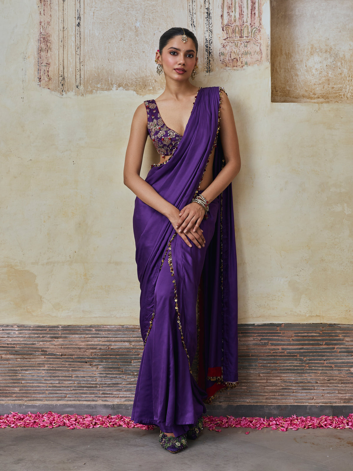 Saawari Cupro Satin Purple Pre-draped Saree with Raw Silk Blouse