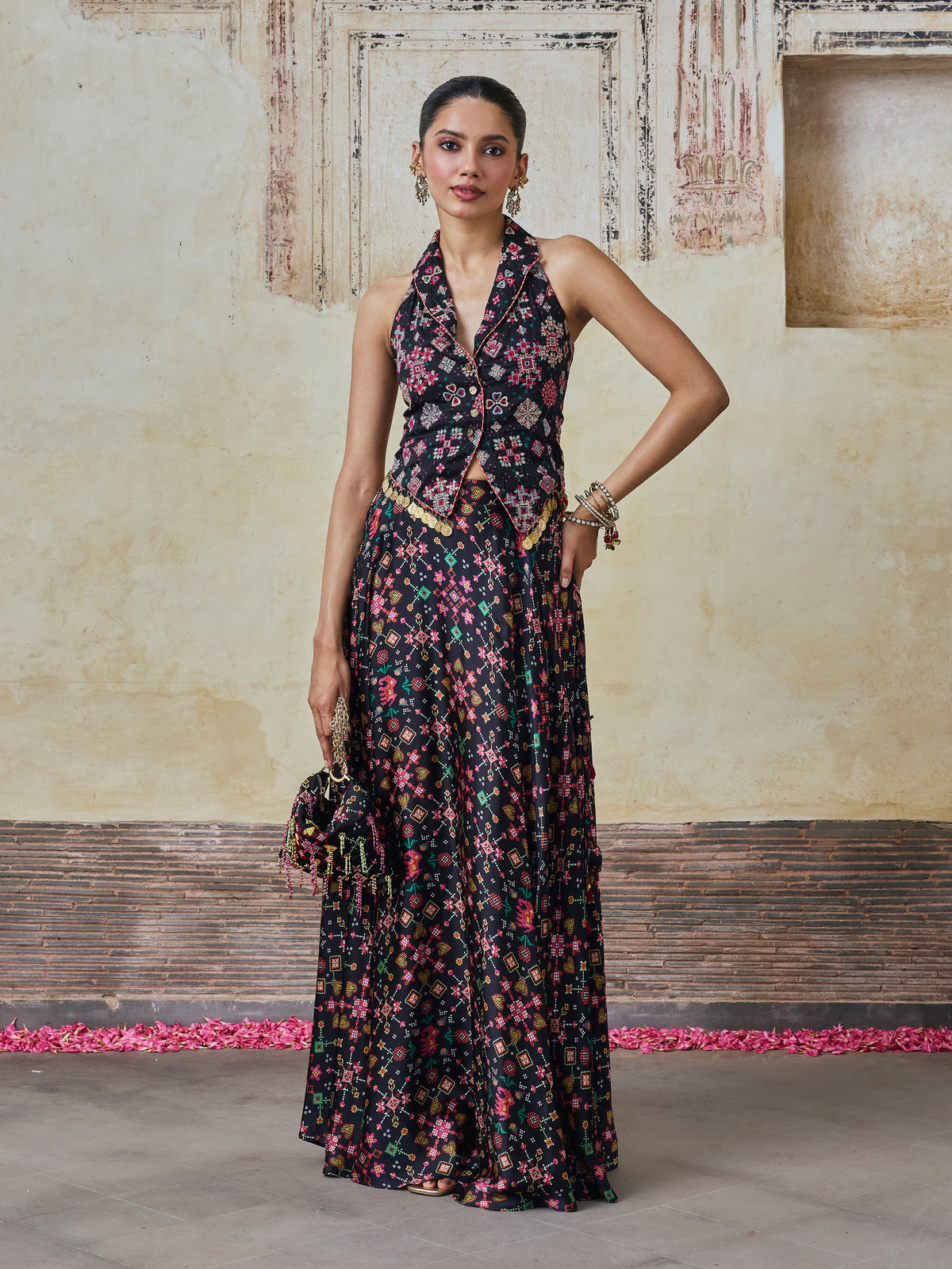 Sarangni Bemberg Raw Silk Printed Black Waistcoat & Skirt Set