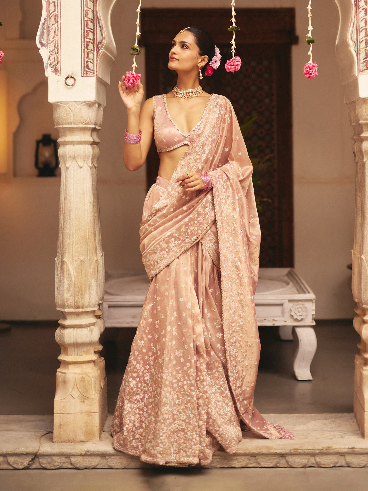 Nalika Tissue Organza Pink Pre-draped Saree
