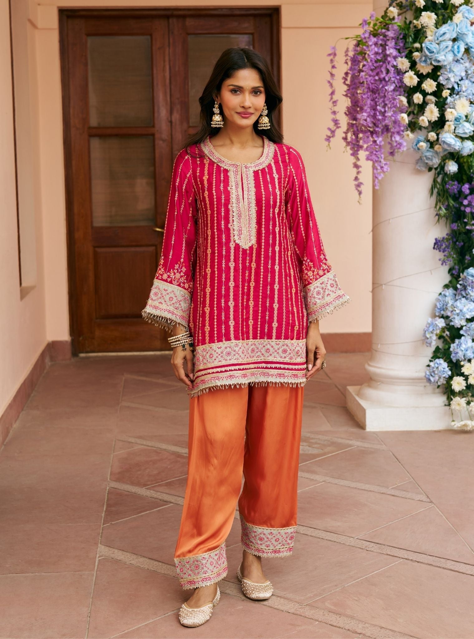 Jhumri Cupro Satin Rani Pink Kurta With Farshi Salwar