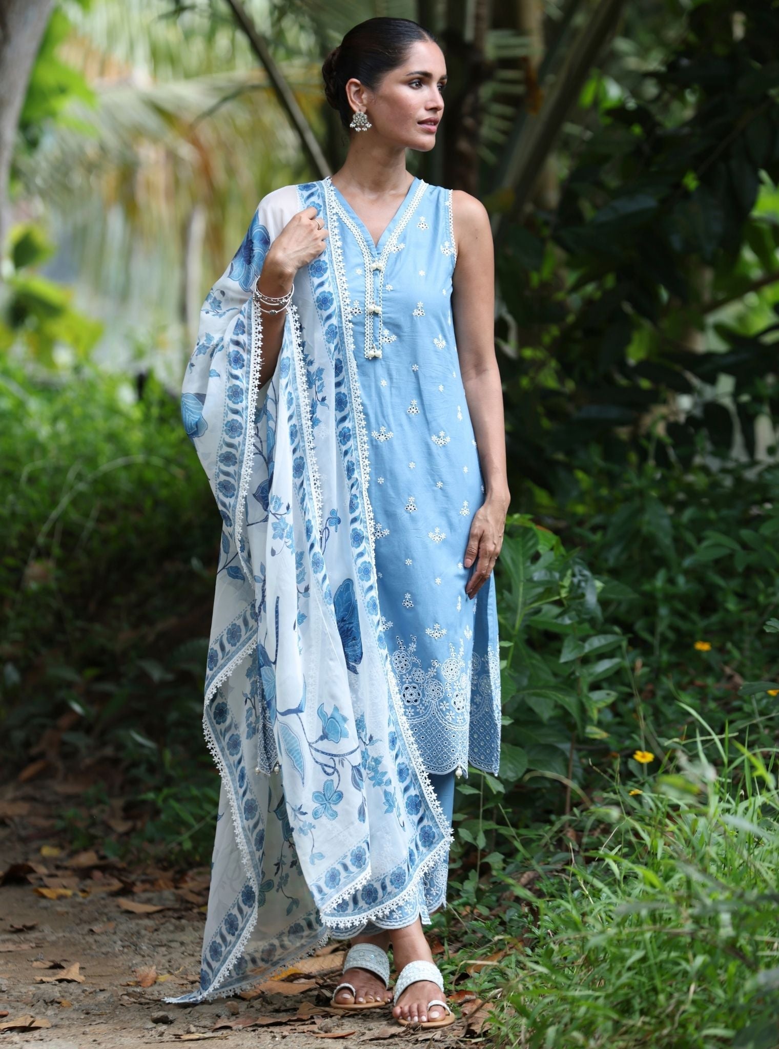 Mulmul Organza Printed Romi Blue Dupatta