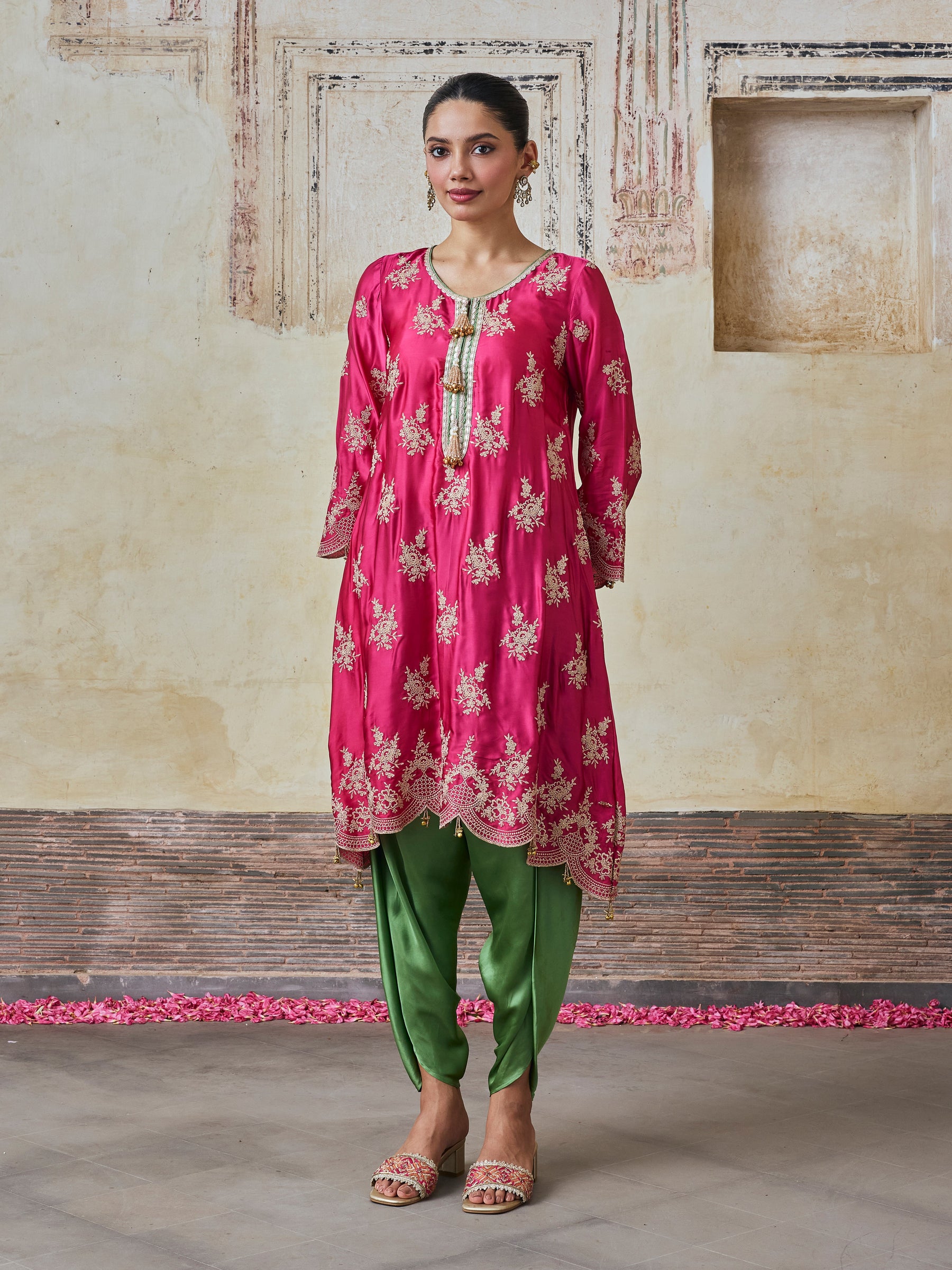Saazni Cupro Satin Fuchsia Kurta with Matcha Green Dhoti Pants