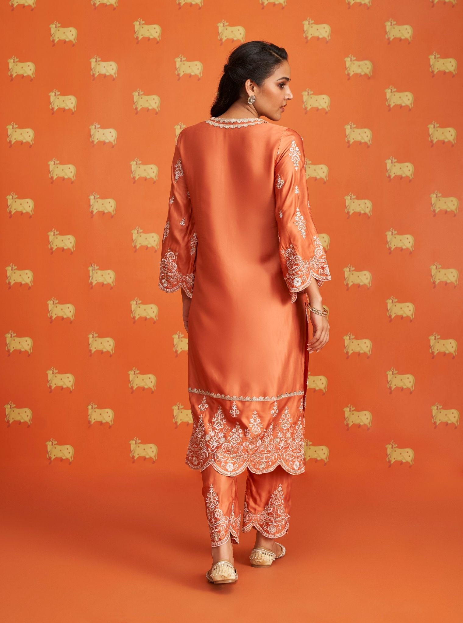 Emon Tissue Linen Satin Burnt Orange Kurta Set