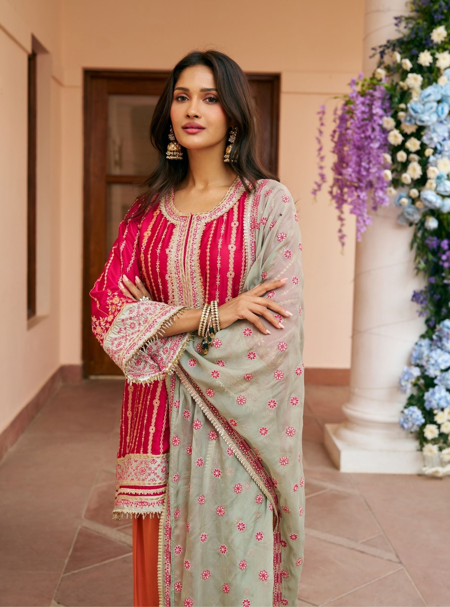 Jhumri Cupro Satin Rani Pink Kurta With Farshi Salwar