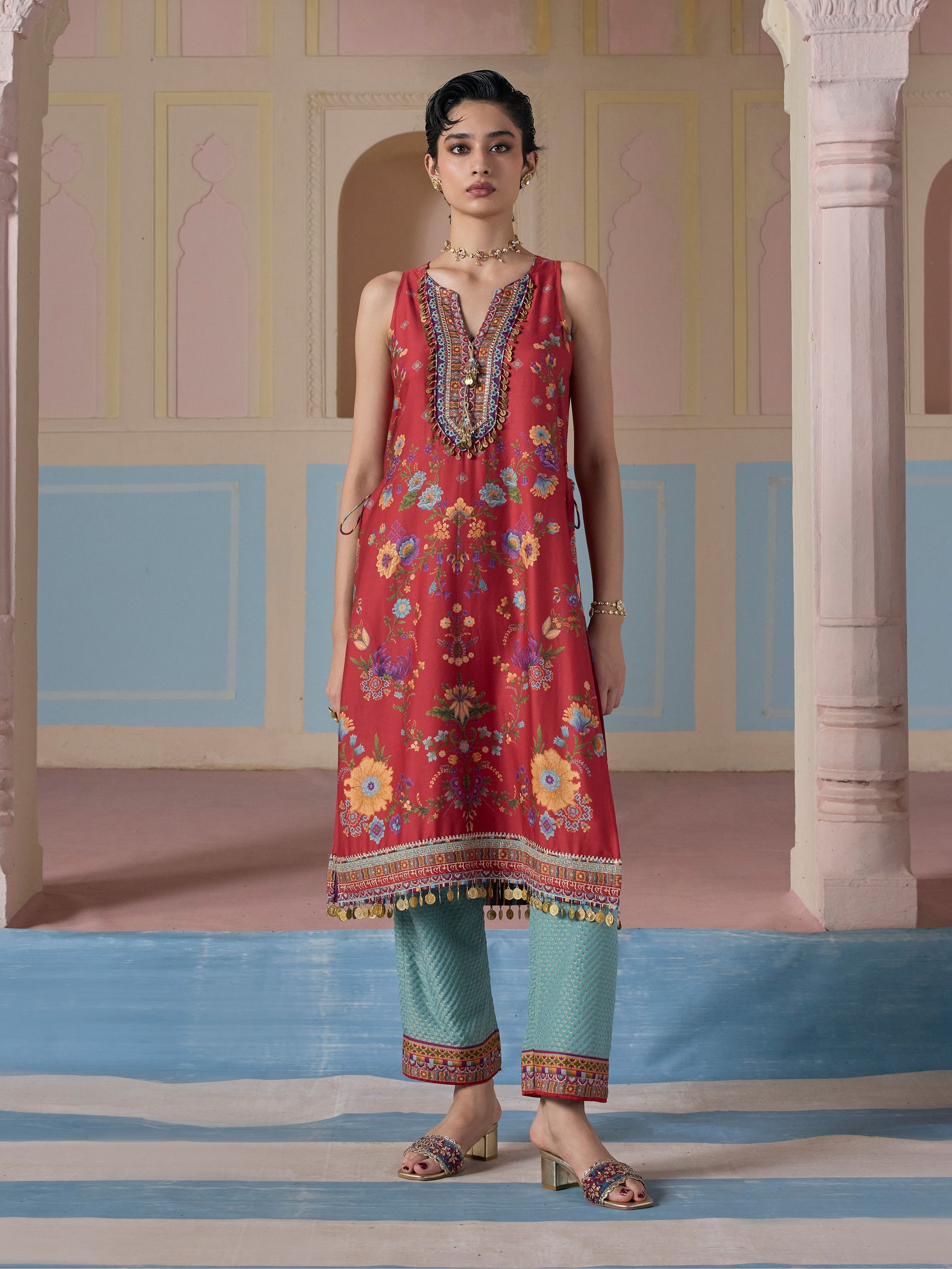 Kair Pima Satin Printed Red Kurta Set