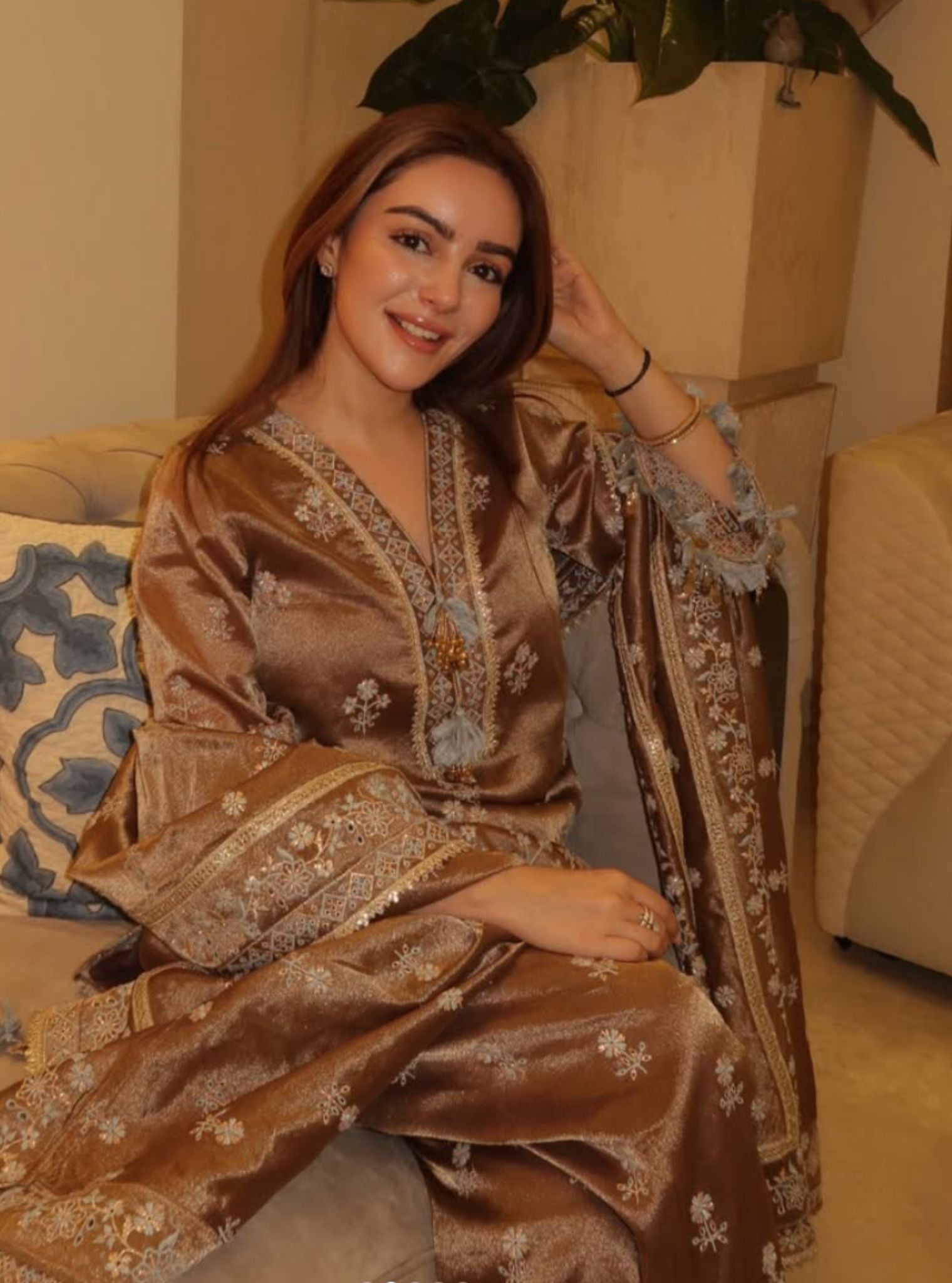 Lovi Tissue Pista Brown Kurta Set