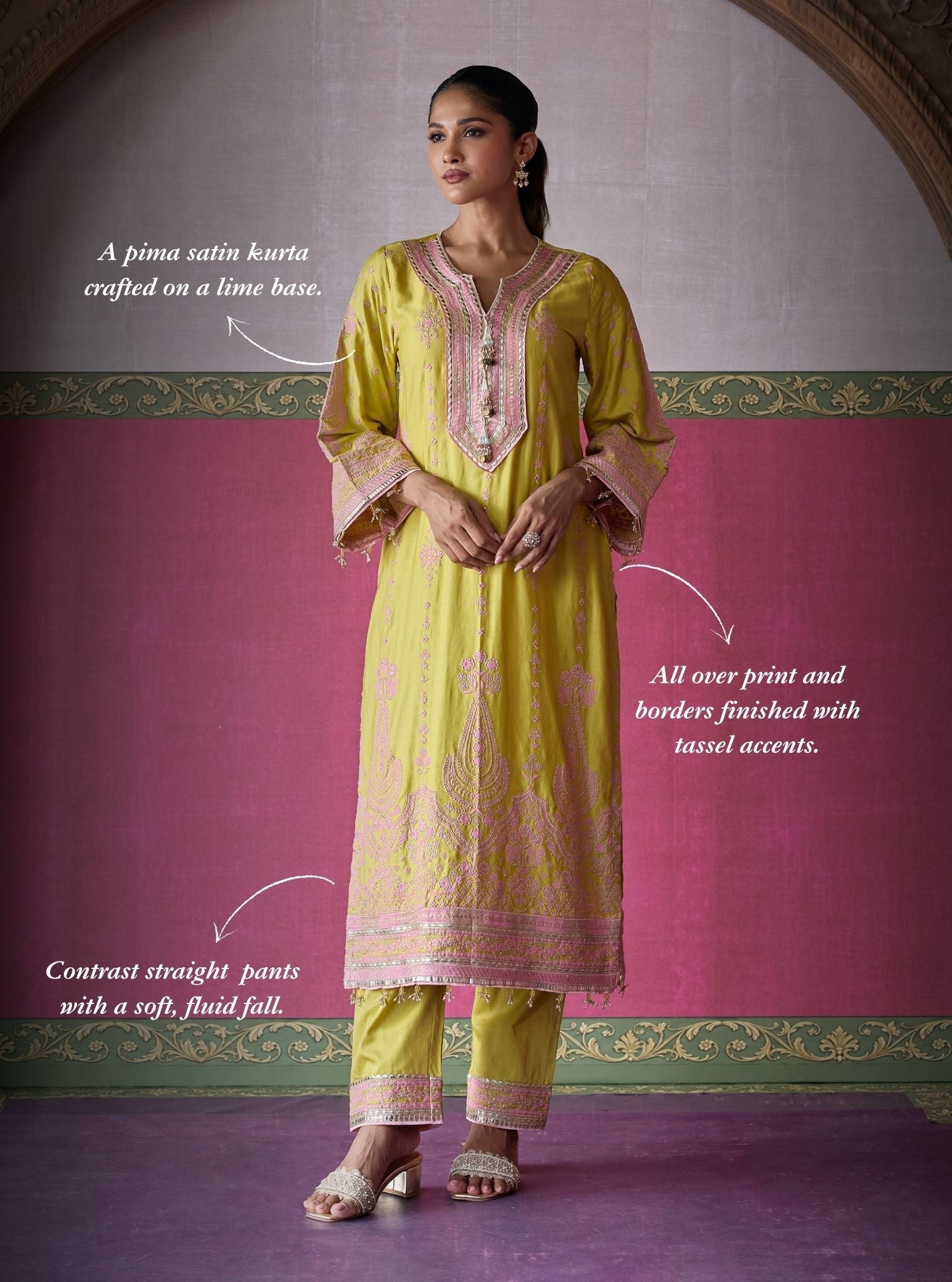 Ovee Pima Satin Lime Long Kurta Set