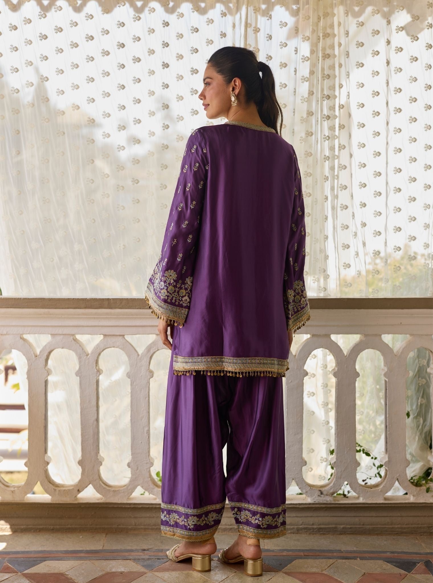 Pralika Bemberg Satin Purple Kurta With Farshi Salwar