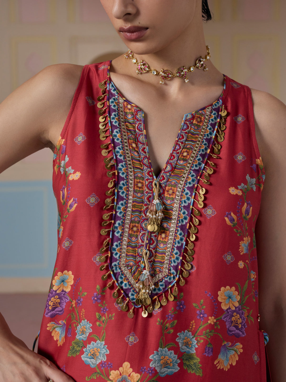 Kair Pima Satin Printed Red Kurta Set