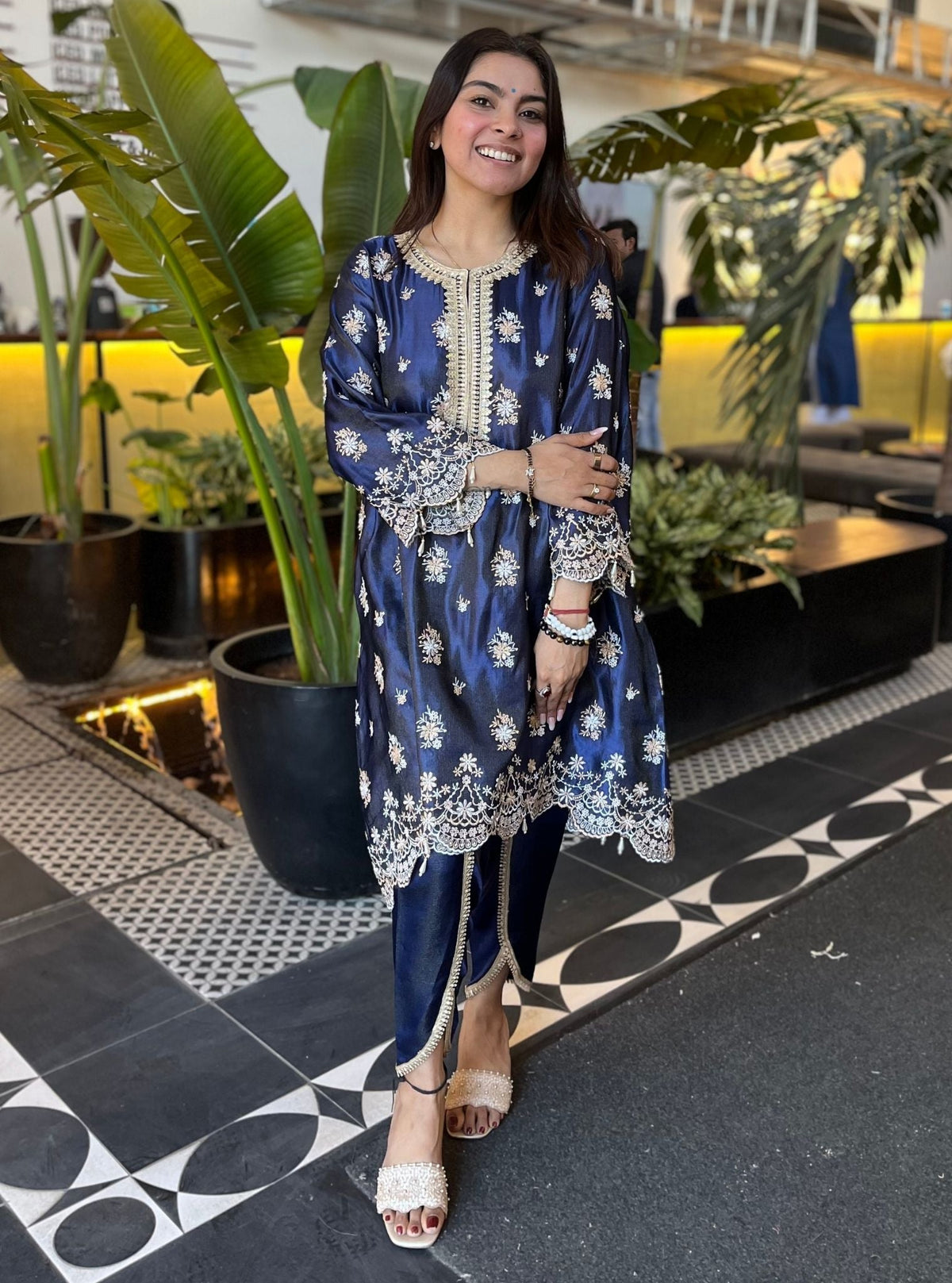 Kangna Tissue Linen Satin Navy Kurta Set