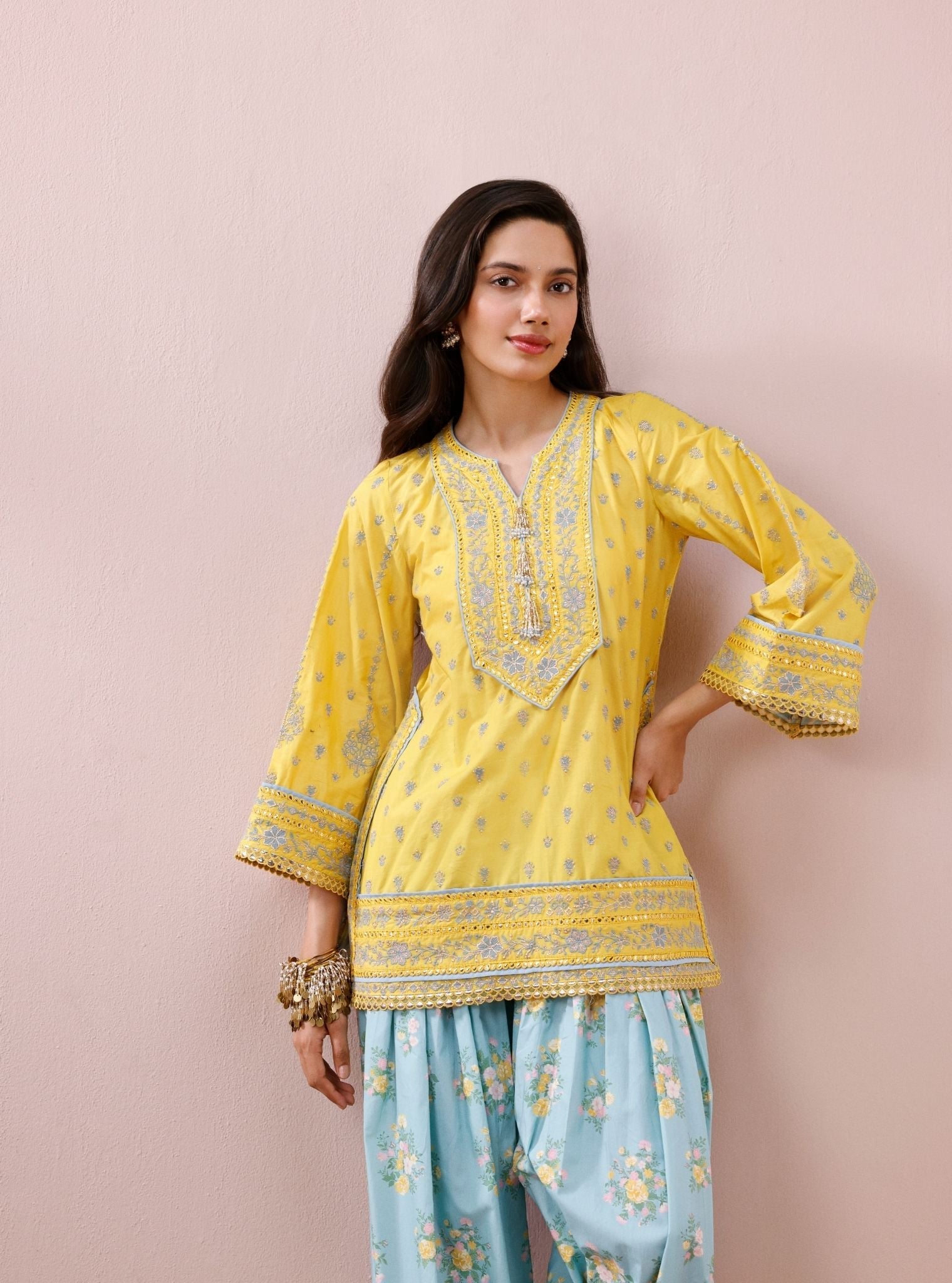 Sivi Supima Cotton Yellow Kurta with Farshi Salwar